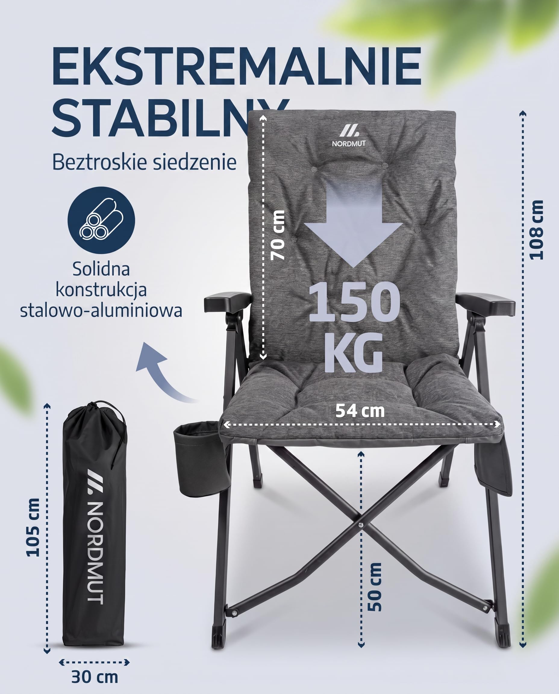 NORDMUT® Premium składane krzesło campingowe z wysokim oparciem – regulowane w 4 pozycjach – Wygodne krzesło ogrodowe o nośności 140 kg do camping i outdoor (Popielaty 1x)