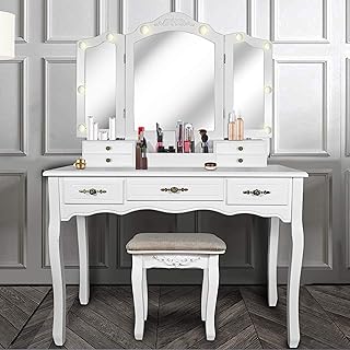 ENSTVER Vintage Vanity Desk with Mirror and Lights, Tri-Folding Mirrors,...