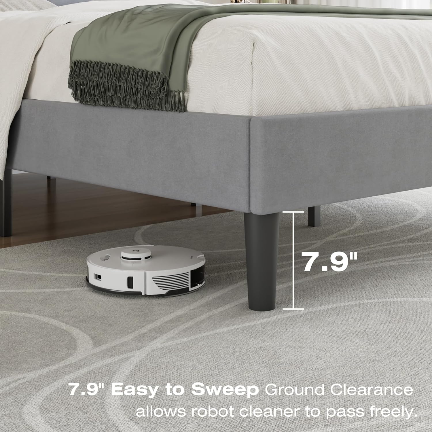 VECELO Queen Size Bed Frame with Upholstered Headboard, Heavy-Duty Bedframe with Strong Wooden Slats Support, No Boxing Spring Needed, Light Grey - Image 7