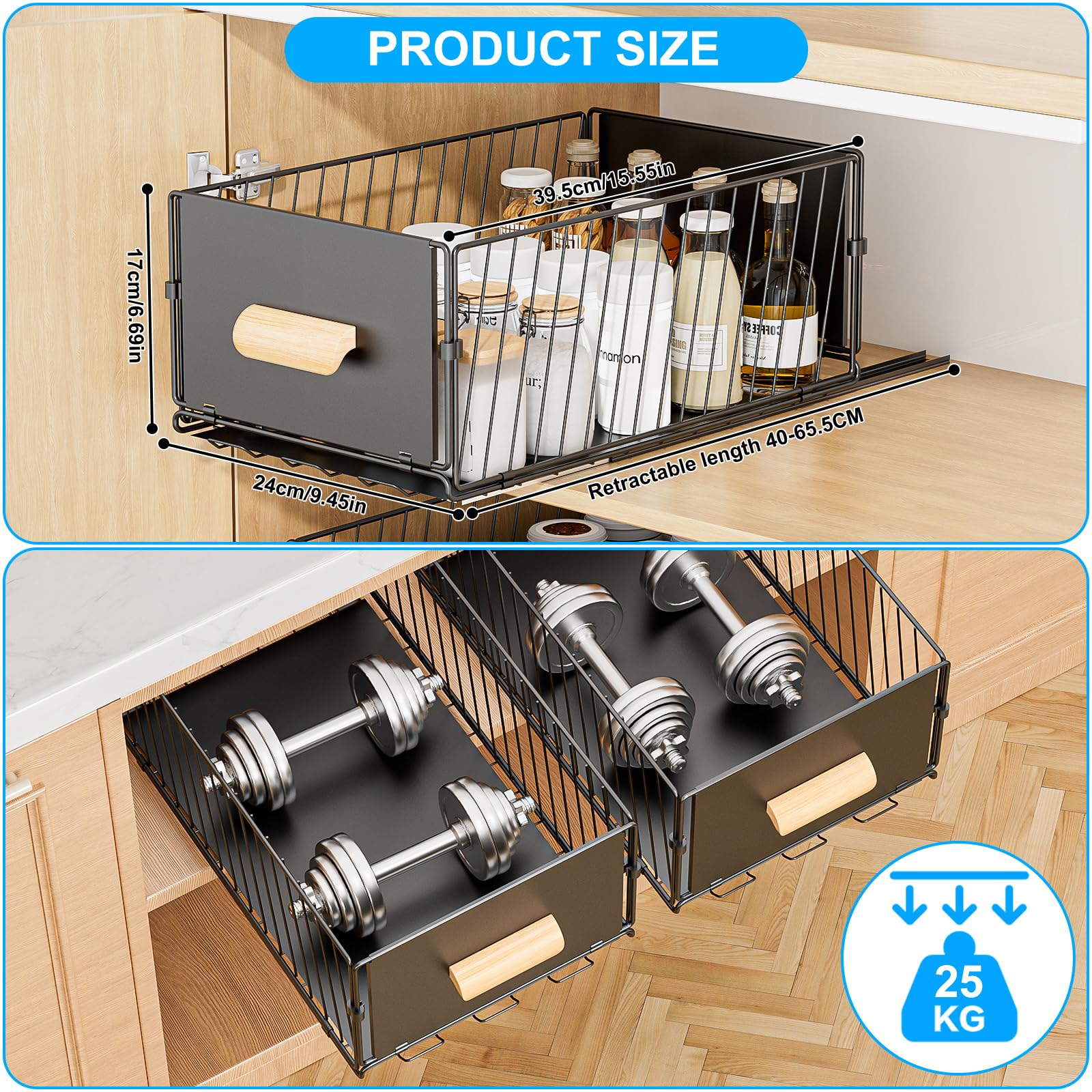 Diealles Shine Teleskopschublade, 24x40x17CM Ausziehbare Schublade Küche, No Drill Schrank Organizer für Küche Cabinet