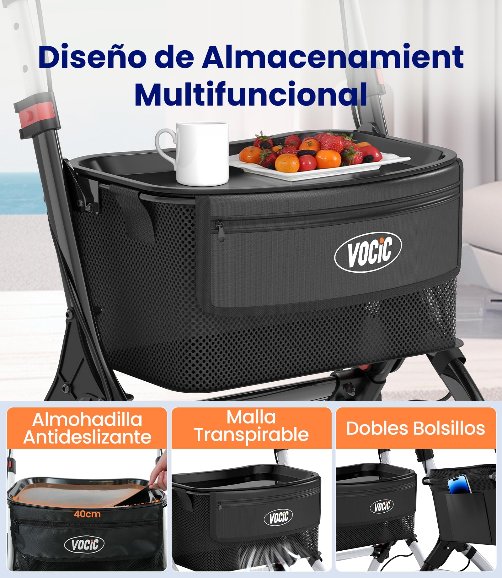 VOCIC Andador estrecho para apartamentos, plegable y ligero, estable con carril, neumáticos antideslizantes silenciosos, para personas mayores, plegables, con bandeja, color negro