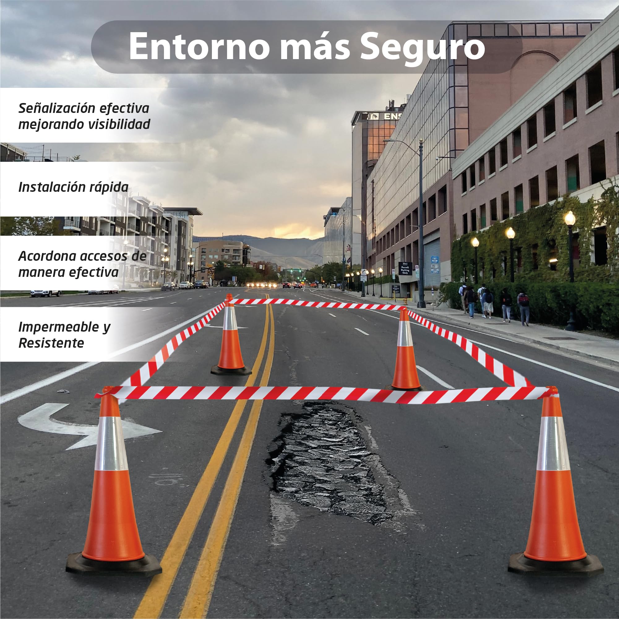 Pack Señalización - 4 Conos Tráfico 75cm Base Goma + 2 Cintas Balizamiento 200m Galga 200- Señalización Reflectante para Obra, Parking, Estacionamiento, Tráfico, Entrenamiento, Advertencia- 75x38x38cm