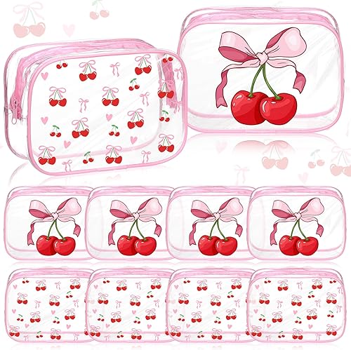 Vista 9 de Kacctyen 10 bolsas de maquillaje transparentes con lazo rosa, bolsa de cosméticos coqueta para mujeres y niñas, accesorios de regalo de lazo