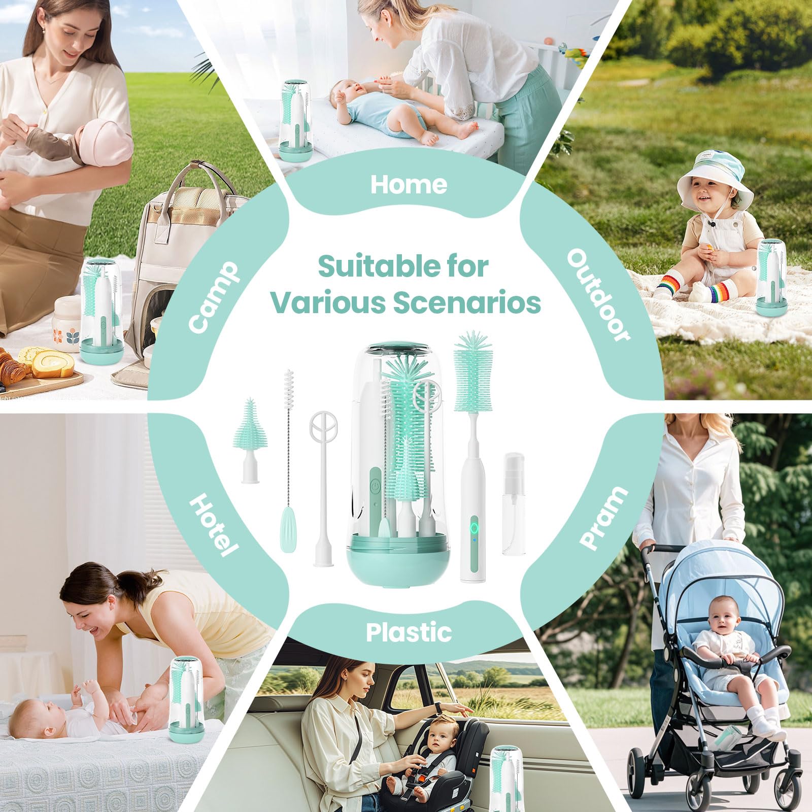 Elektrischer Flaschenbürstenreiniger, wiederaufladbares Babyflaschen-Reinigungsset mit Formelmischer, Silikon-Nippel- und Strohhalmbürste, Seifenspender, Trockengestell, IPX7 wasserdicht, lange