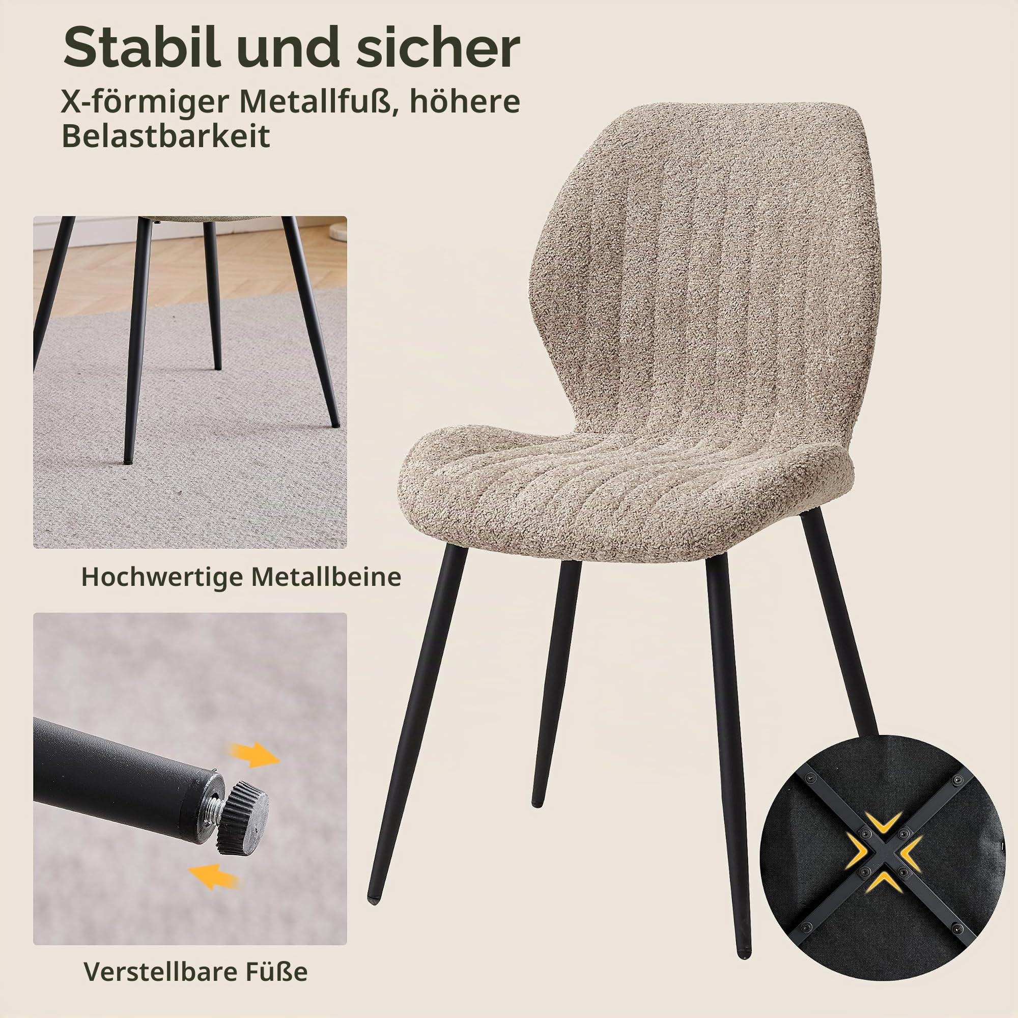 Esstisch und Stuhlset, 100 * 100 * 76.5 cm Runder Esstisch und 4 Moderne Teddy-Fleece Stühle,Metallbeine, für Esszimmer, Küche, Wohnzimmer,Helle Holzmaserung + Braun