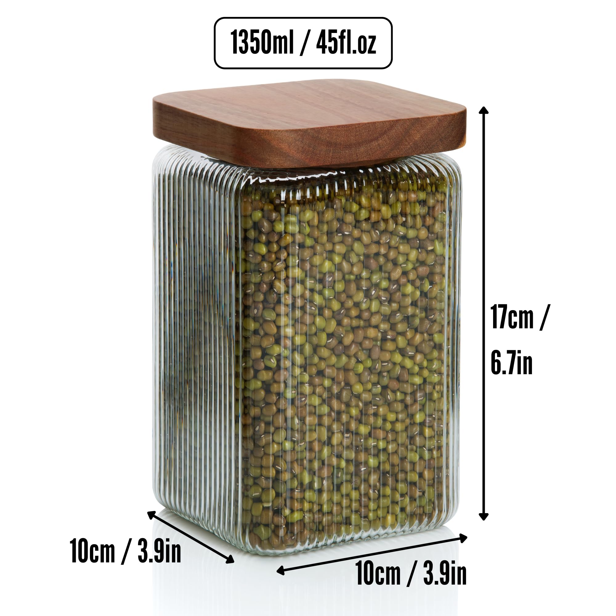 Mason & Fable Barattolo quadrato in vetro a coste con coperchio in legno, 1350 ml, set da 3 barattoli ermetici scanalati per alimenti, pasta, caffè, noci, contenitore quadrato per casa e cucina