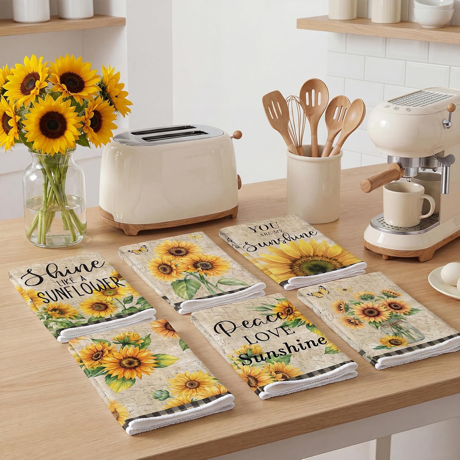 Sunflower Kitchen Towels Absorbent Microfiber, Yellow Decorative Dish Towels with Buffalo Plaid, You are My Sunshine Hand Tea Towel Set of 6, Rustic Summer Farmhouse Decor Gifts, 16x24 Inch