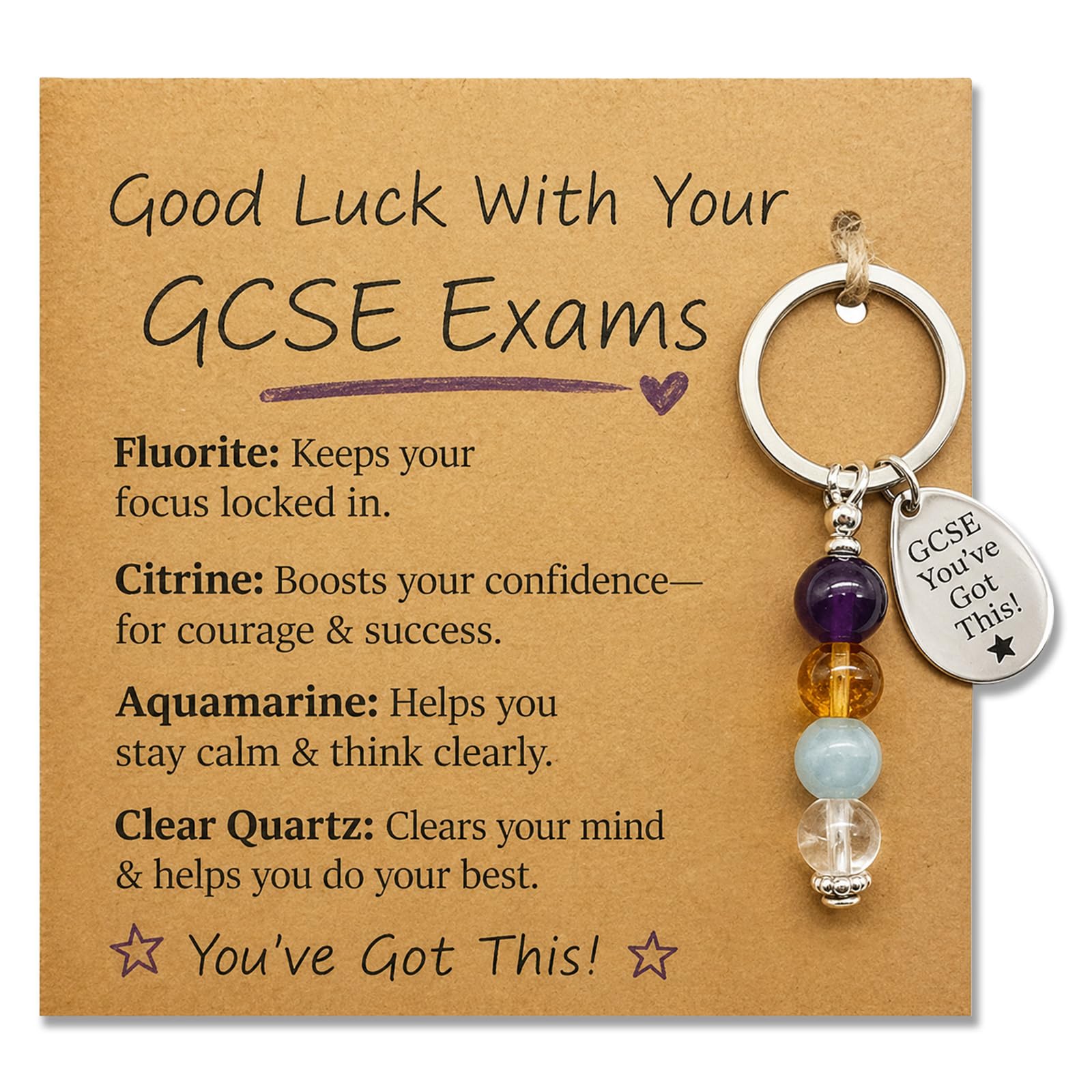 AIKOBAA Exam Success Crystal Gift Set, Good Luck Keychain with Blessing Card, Student Revision & Test Taking Present, Focus Courage Calmness Gift for Exams (Brown2)