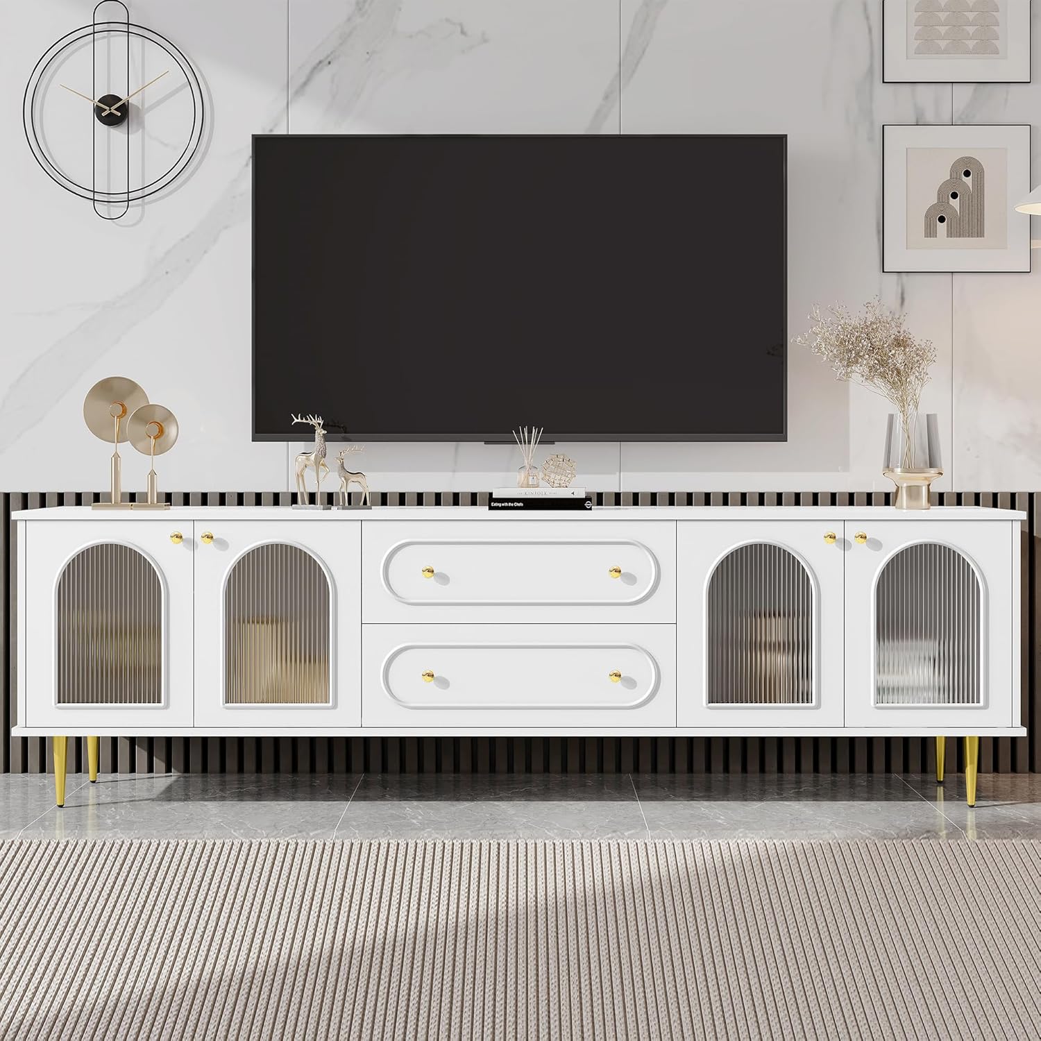 SOFTSEA Modern TV Stand for 80"+ TV, Console with 4 Glass Doors, Entertainment Center with 2 Drawers & Storage Cabinets, 78.7" Media Console Table for Living Room, Bedroom, White