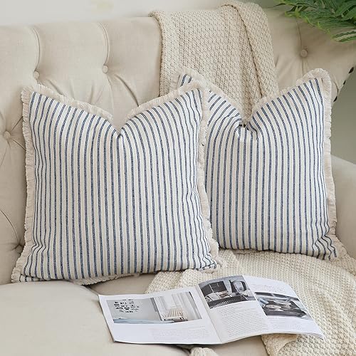 Miniatura 8 de Hckot Juego de 2 fundas de almohada de 24 x 24 pulgadas, a rayas con flecos, de algodón, decorativas, cuadradas, para sofá, cama, sala de estar,