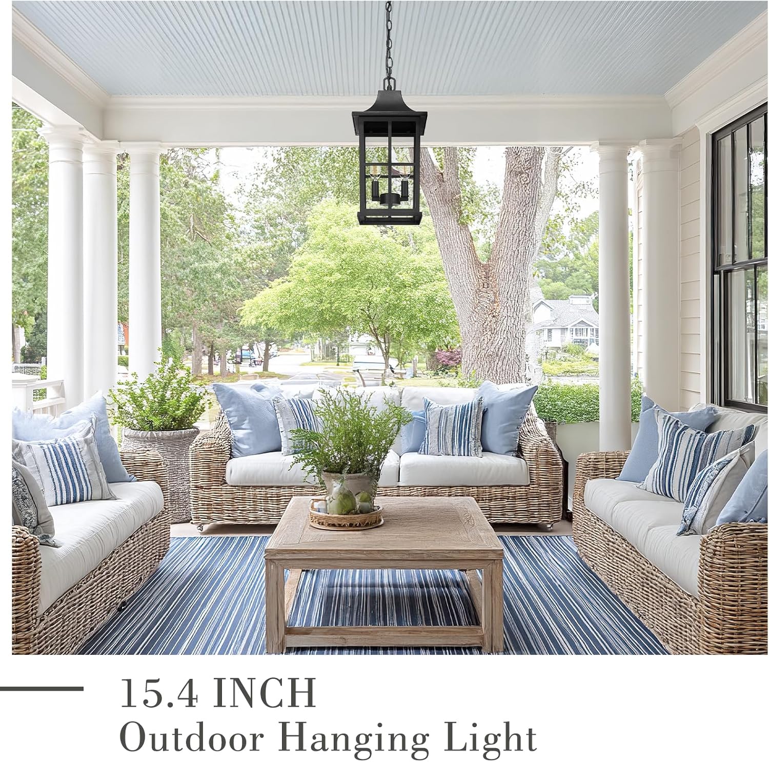 Emliviar Dusk to Dawn 2-Light Large Porch Light Outside Chandelier for Yard, 15.4" Black Hanging Lantern Light Fixture with E12 Base, Clear Glass, YXE306H-M-PC BK