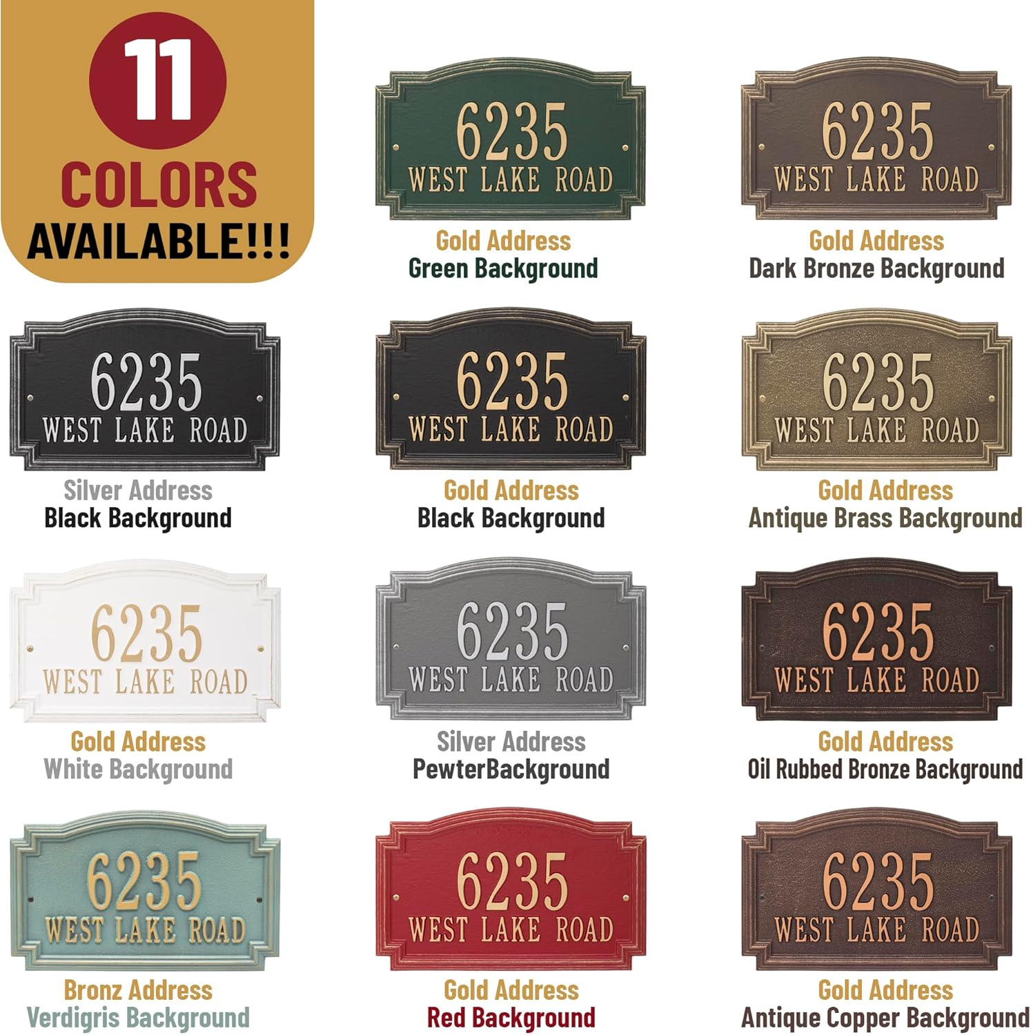 Whitehall Barcelos 3399BG Personalized Plaque Custom Cast Metal House Number Sign, Two-Line Home Number, Aluminum Wall Plaque, Personalized Residence Sign – Black and Gold, 14x8.5 Inches