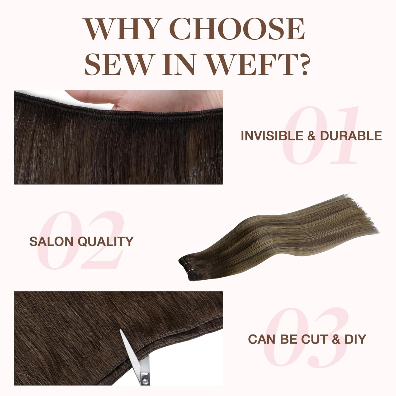 GOO GOO Sew in Hair Extensions Real Human Hair, Weft Hair Extensions Human Hair, 4/26/4 Balayage Chocolate Brown to Honey Blonde 22inch 110g, Weft Bundles Straight Silky Remy Hair