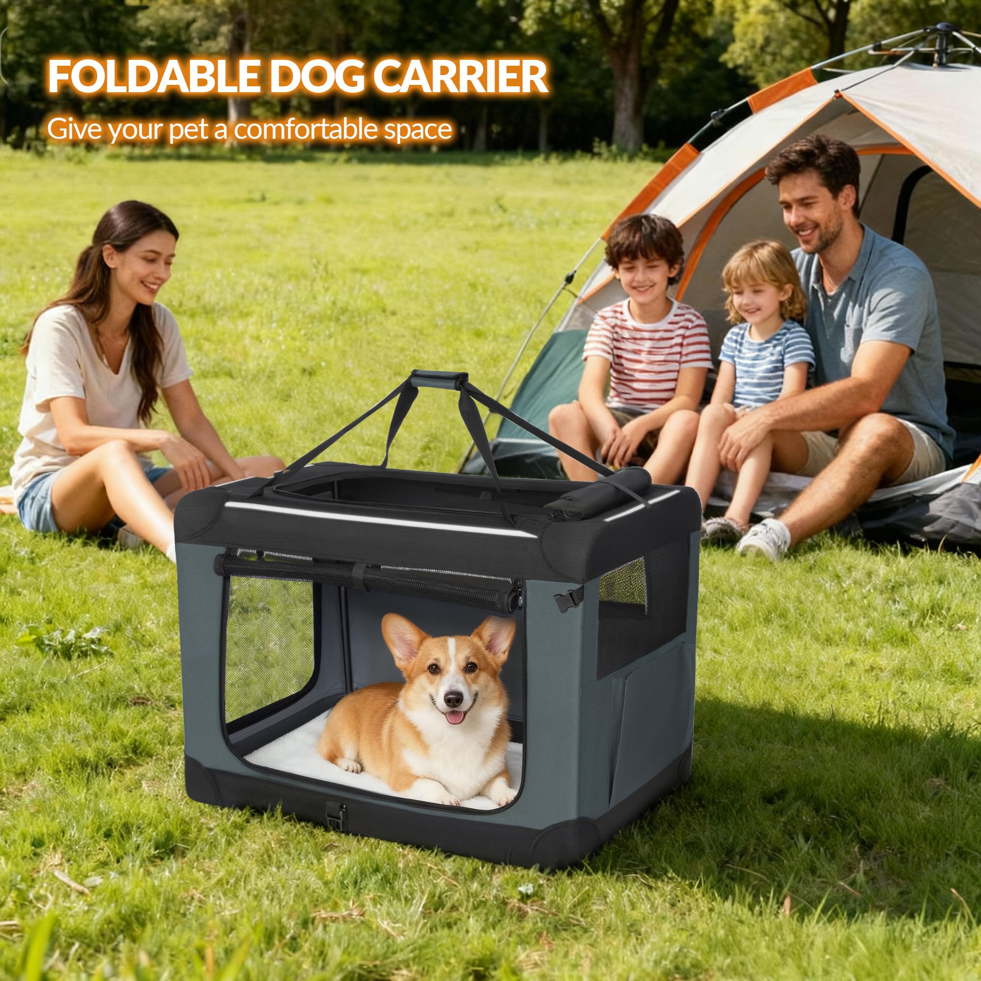 Hundebox Faltbar, Hundetransportbox Tragbare mit 3-Türen, 60 x 42 x 42 cm, Transportbox Hund Atmungsaktiv, Reflektierenden Verzierungen und Taschen, Oxford-Gewebe, Grau, FPDT001OG1
