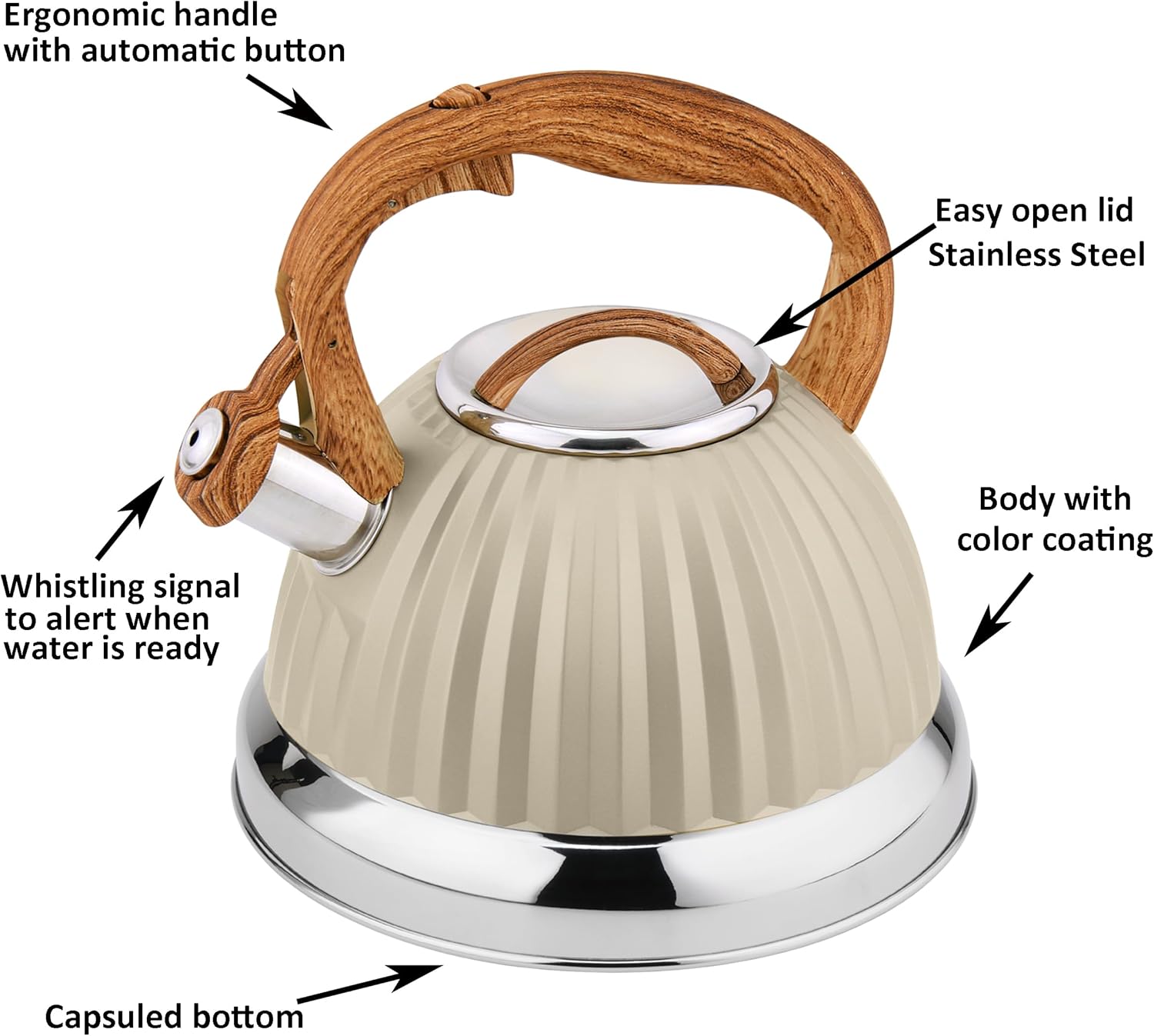 HOMEHUT Modern Stovetop Tea Kettle with Wooden Look Handle - Stainless Steel Stovetop Tea Kettle 3L / 12 Cup Capacity, nduction Compatible for Gas, Electric & Ceramic Cooktops, Ivory