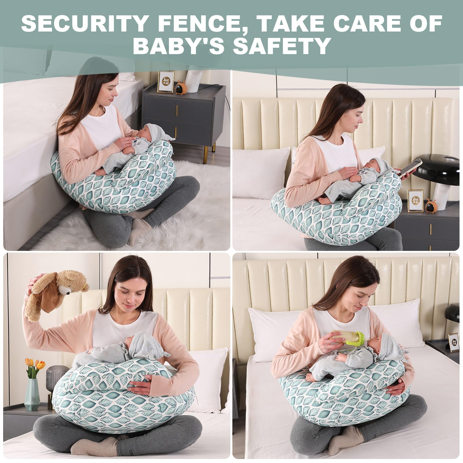 SHANNA Cojín de Lactancia para Bebés: Cojín de Maternidad Ultra Suave, Cojín de Lactancia para Bebés con Barrera de Seguridad, Cojín Ergonómico para Alimentación, Funda Extraíble (Hojas Verdes)