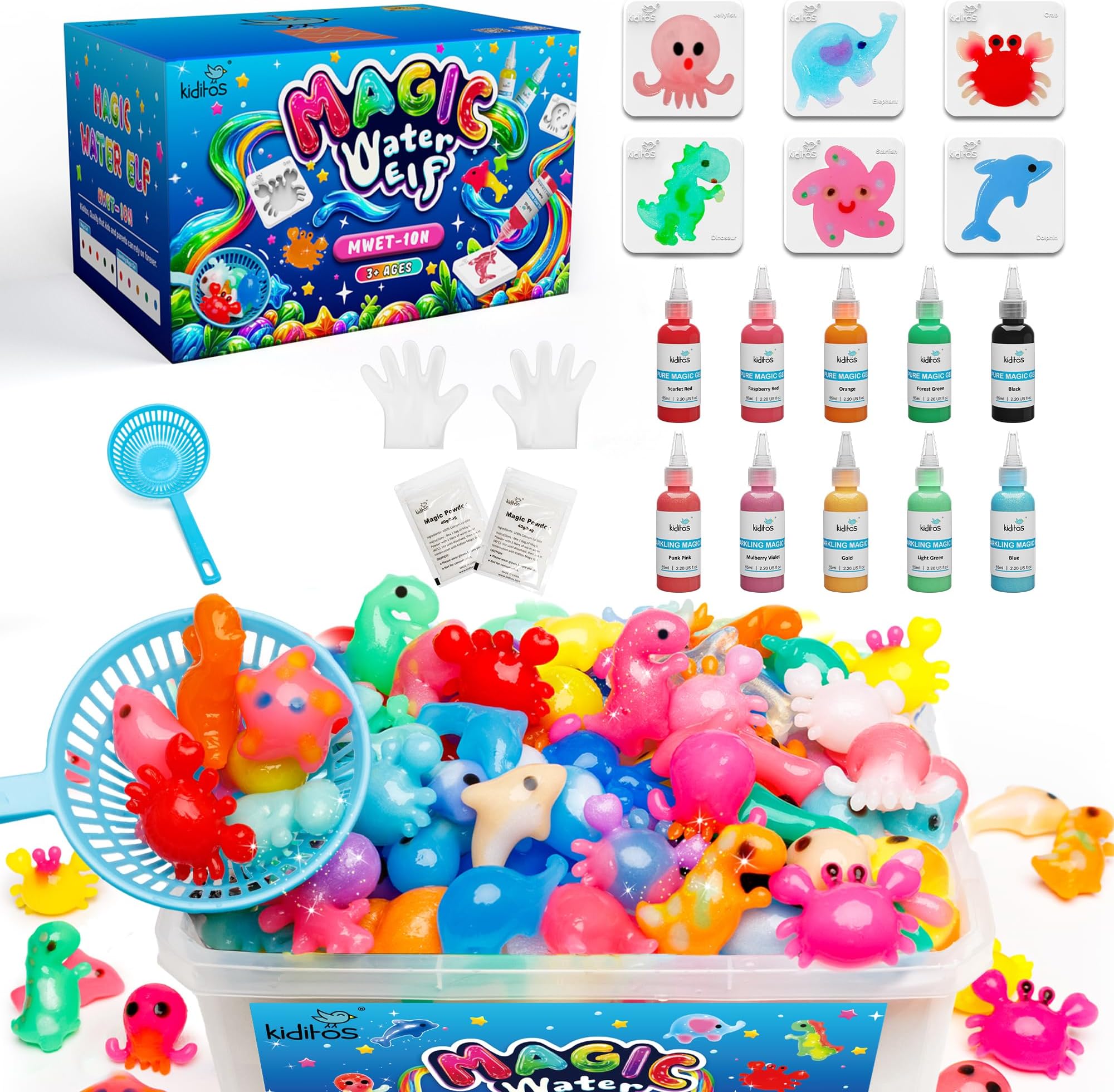 Kiditos Magic Water Elf Toy Kit for Kids, Create Your Own Magic Water Pets, DIY Sensory Craft Set with 10 Magic Gels & 6 Moulds, STEM Activity Toy, Party Favours & Birthday Gifts for Children Age 3+