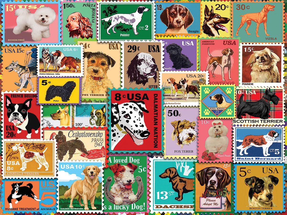 White Mountain Dog Stamp Puzzles 500 Piece Fun Collage Jigsaw Puzzle for Seniors and Family