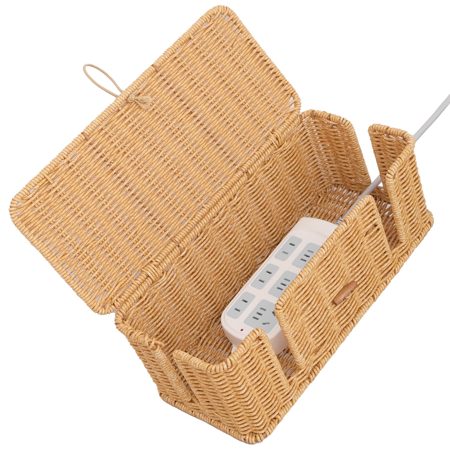 Limogoo Cable Management Box, 4 Open Slots Cords Hider with Lid and Fixable Strap, Imitation Rattan Organizer for TV Wires, Computer Router, USB Hub, Power Strip