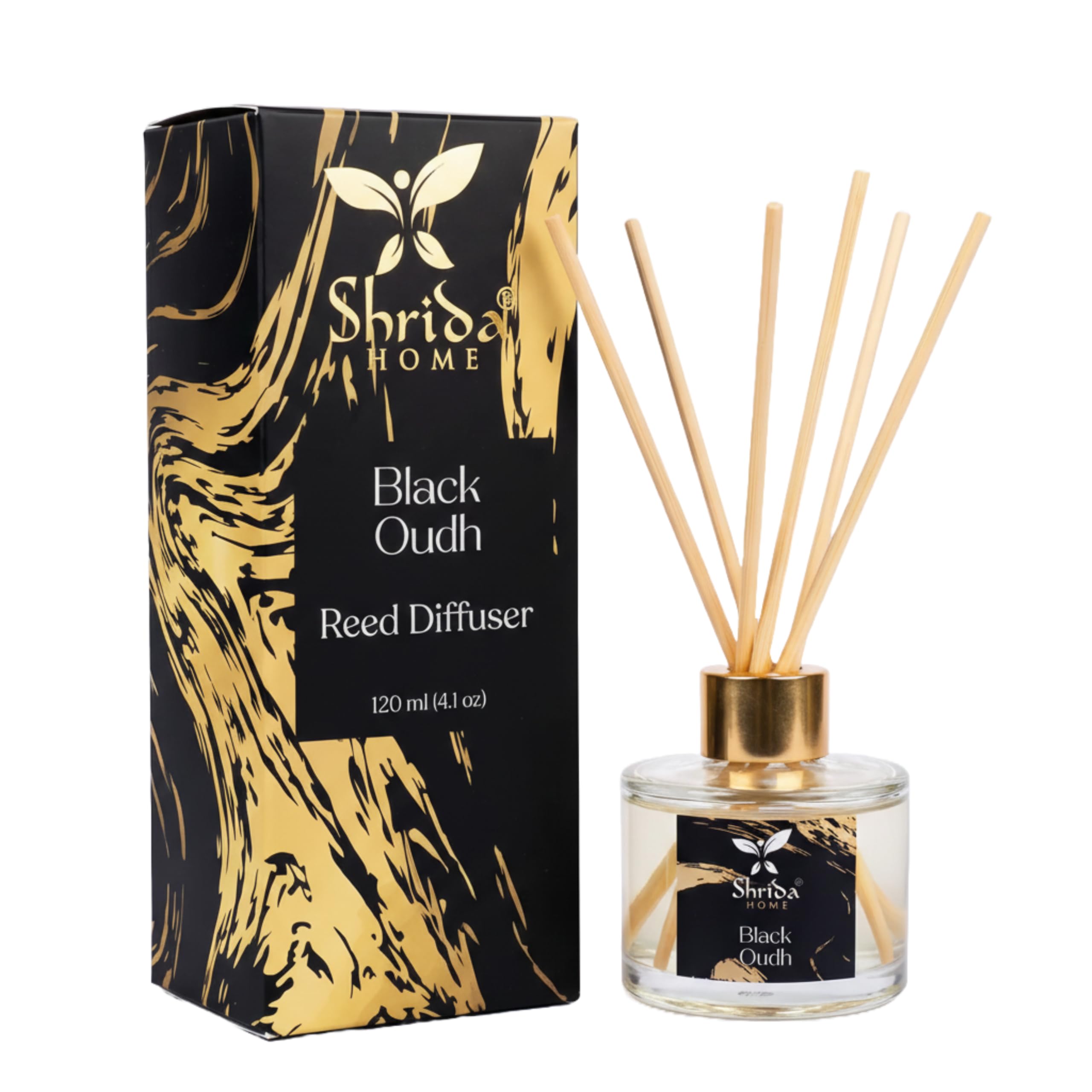 - 120ml Black Oudh Reed Diffuser Glass Set, Rich Aroma Oil with 6 Rattan Sticks, Long-Lasting, Toxin-Free Home Fragrance, Smoky Woody Scent for Home, Bathroom & Office, Ideal Gift