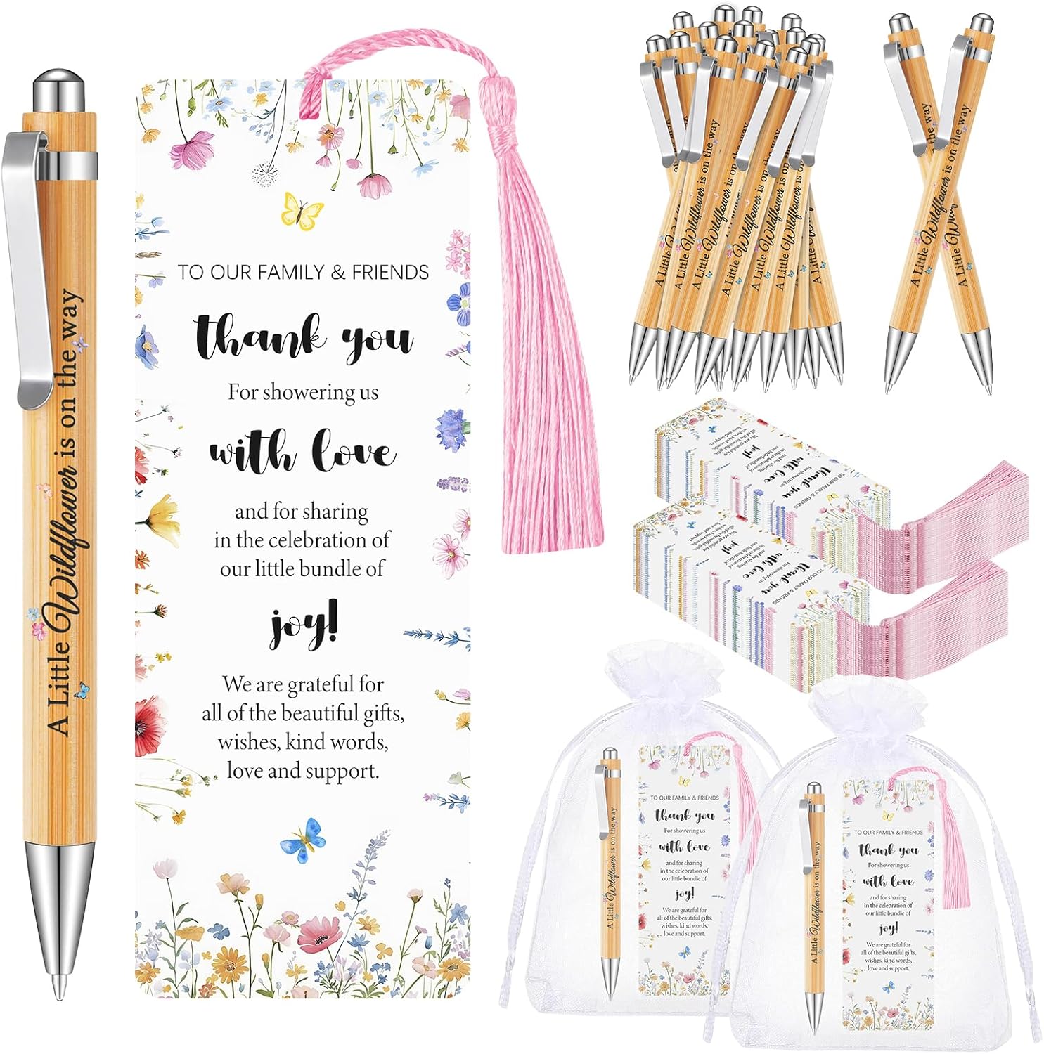 50 Sets Wildflower Baby Shower Favors for Guests, Little Wildflower Ballpoint Pens Thank You Bookmarks Organza Bags for Baby Shower Party Favors Gender Reveal Gifts Souvenirs Prizes Return Gifts