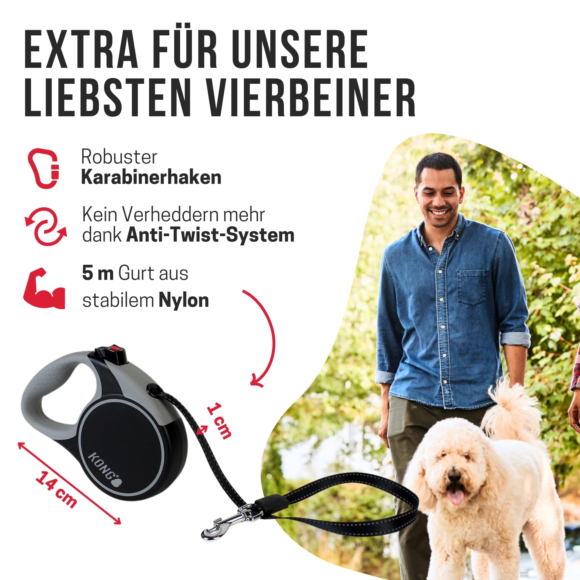 KONG Retractable Terrain Dog Leash for Small Dogs Upto 20kgs, Durable, Reflective, Tangle-Free, Safety Lock, Ergonomic Soft Grip Handle for Pet Hiking, Walks, Training, Red, Small - 16ft/5m 1