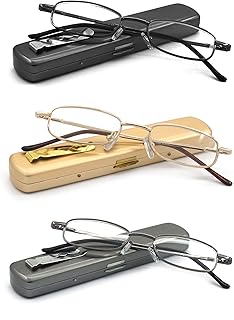 EYE ZOOM 3 Pairs Lightweight Portable Metal Reading Glasses with Pocket Case for Men Women, Multi-color, 3.50 Strength