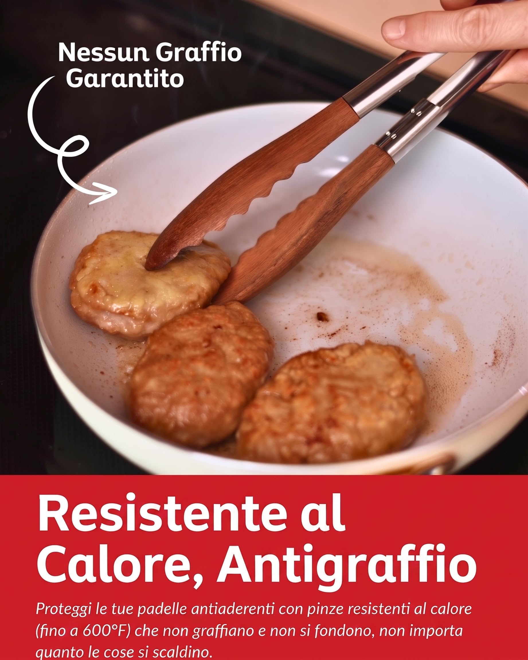 Pinze da cucina con punte in legno di noce 30cm - Pinze cucina legno antigraffio per pentole antiaderenti, barbecue e insalata - Acciaio inossidabile resistente al calore, atossiche senza BPA