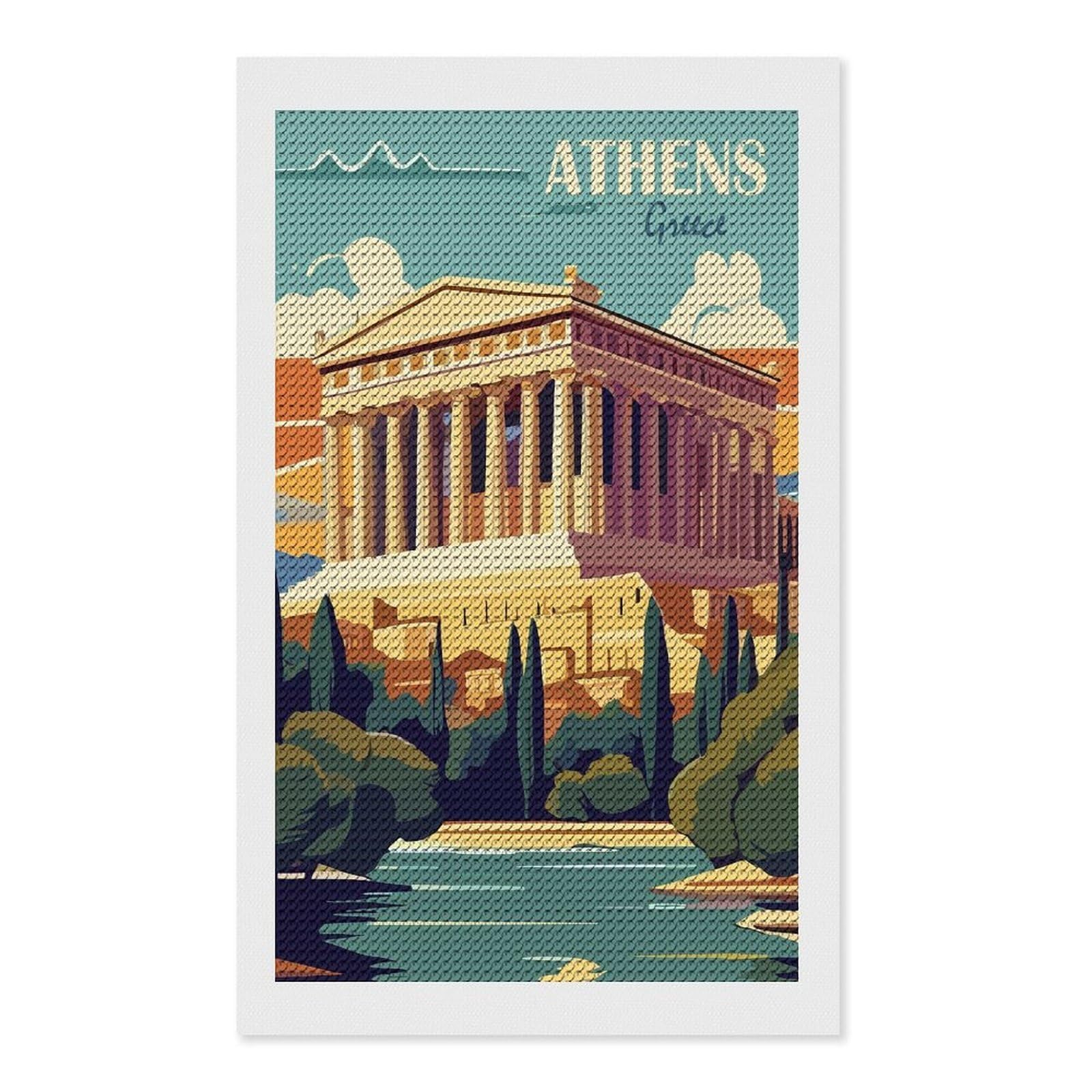 Junmoney Athens Greece(4) Diamond Art Canvas 12"x20", for Teens, Nice Detail and Sparkle, Farmhouse Decor, Festive Craft Gift, Easy to Enjoy