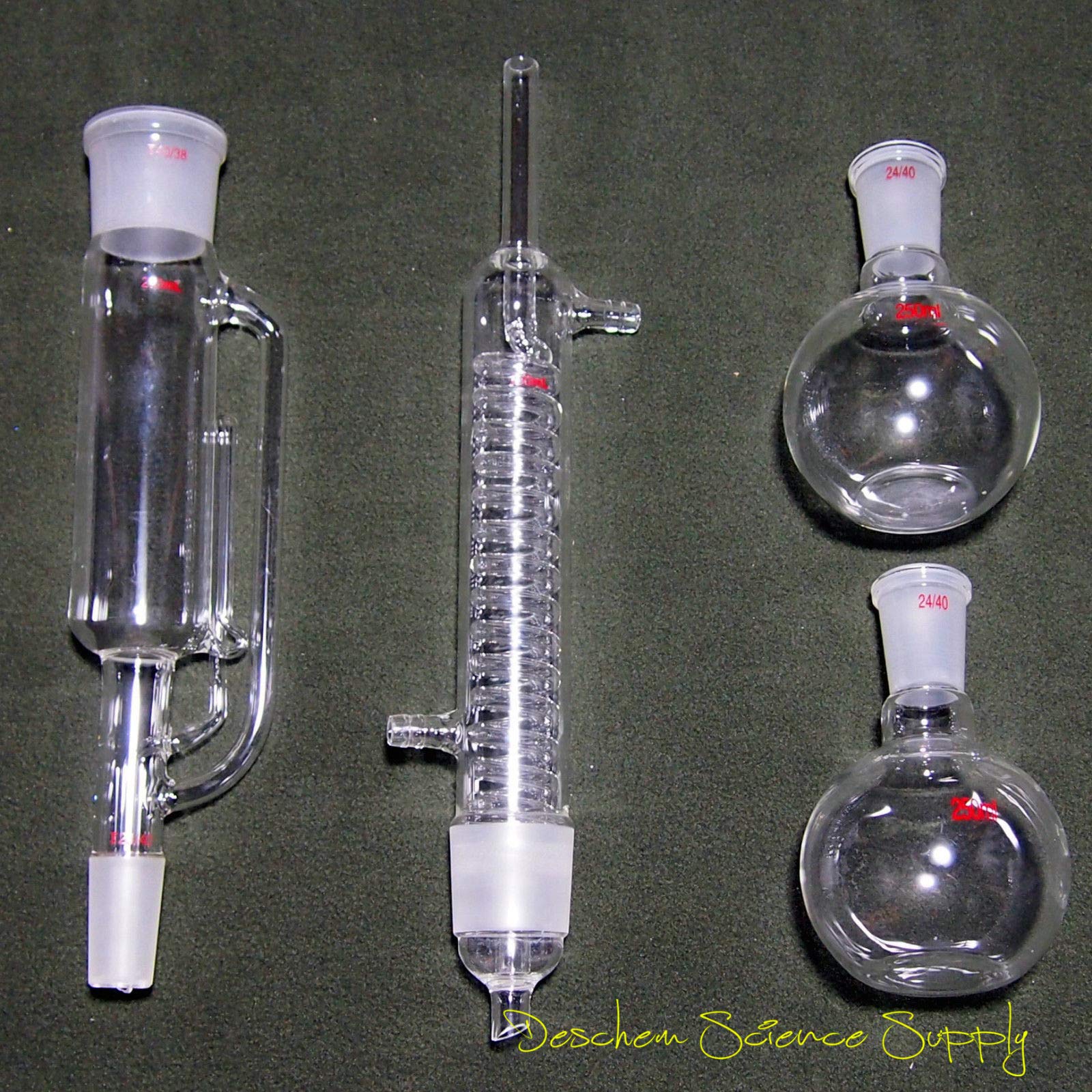 Deschem 250ml,24/40,Soxhlet Extractor W/Graham Condenser & Two Flat