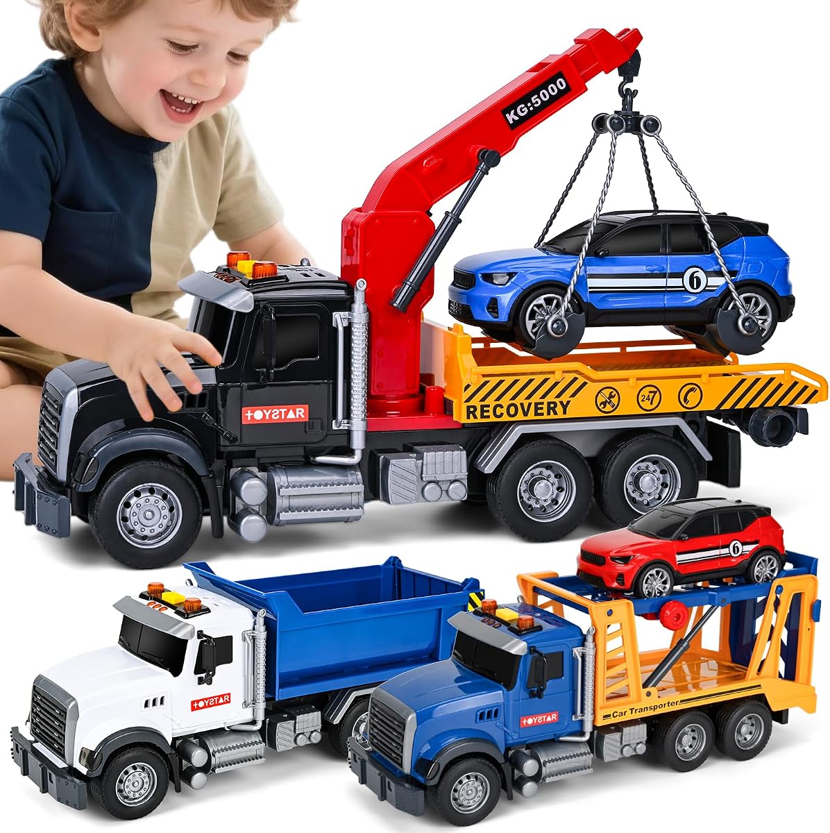 Paquete de 3 juegos de juguetes de camiones grandes con luces y sonidos,camiones para niños de 4 a 8 años | Camión de remolque para niños, camiones de juguete y volquete y juguetes para transporte de automóviles, piezas móviles de fricción, juguetes para niños de 3 a 8 años