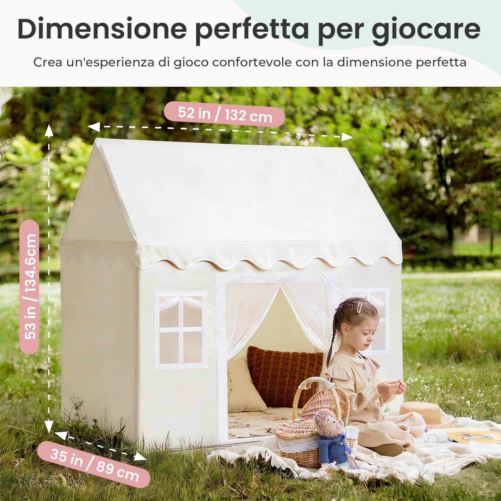Tiny Land Tenda da Gioco per Bambini con Tappetino Morbido e Luci, Tenda per Bambini da Interno Lavabile, Rifugio Angolo Lettura per Cameretta, Regalo per Bambino e Bambina 3-13 Anni - 133x90x136cm