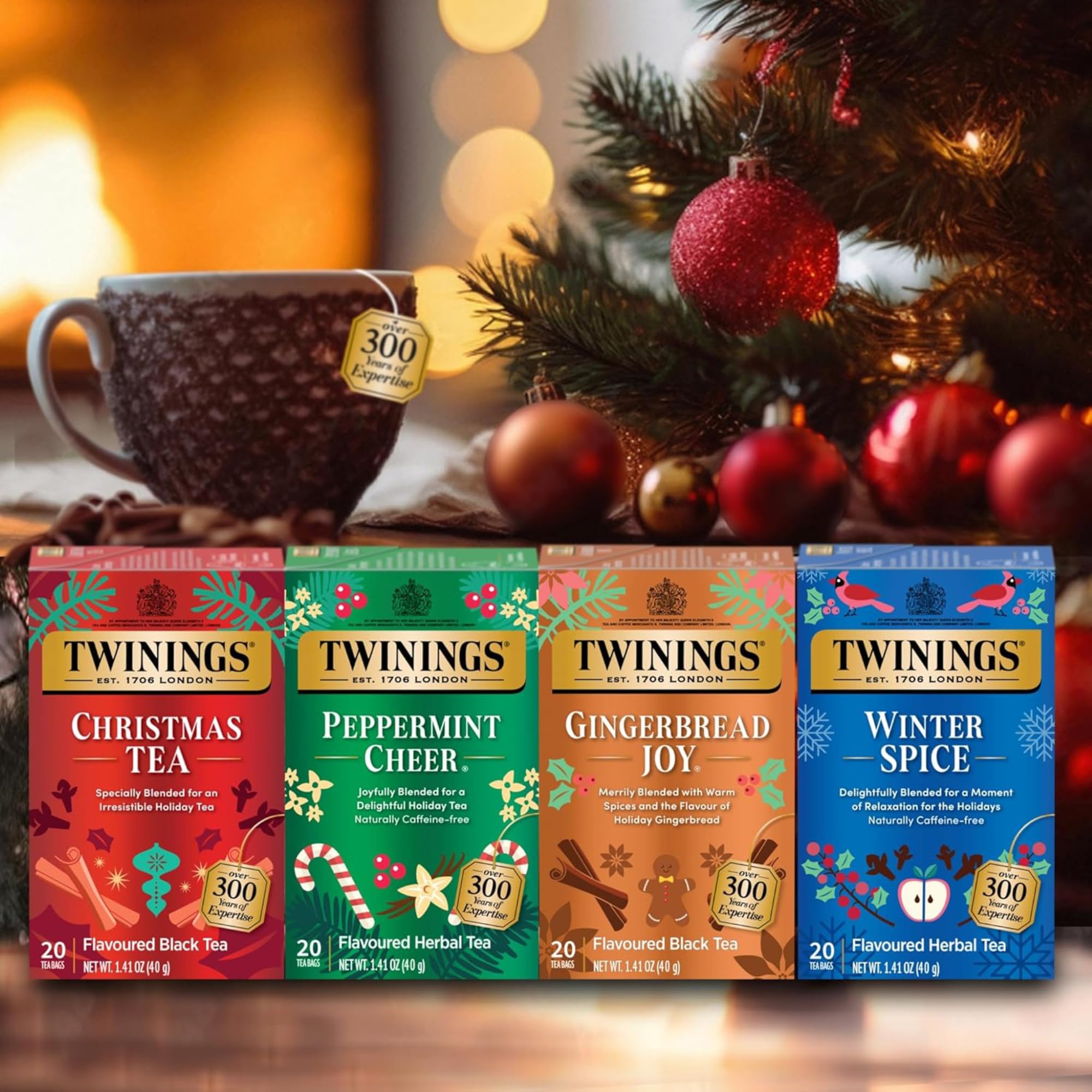 Twinings of London Holiday Variety Tea Bag Pack, Peppermint Cheer, Holiday Berry, Christmas Tea, Winter Spice, 20 Count (Pack of 4)