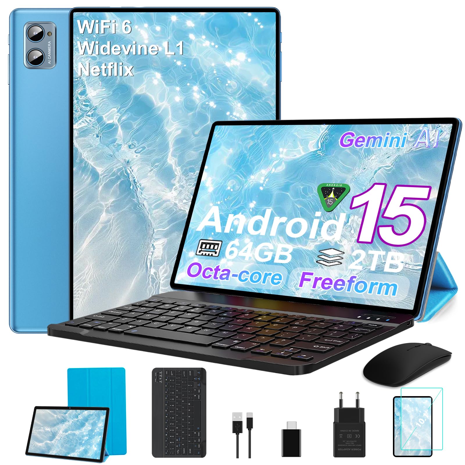 SUAAT 2026 Tablet 10 Zoll Android 15 Octa Core Tablet mit 64 GB ROM + 2 TB TF | 5G + 2,4G WiFi |GMS| Bluetooth 5.0 |8 MP + 5 MP | Typ C,Touchscreen-Tablet mit Hülle, Tastatur und Maus-Blau