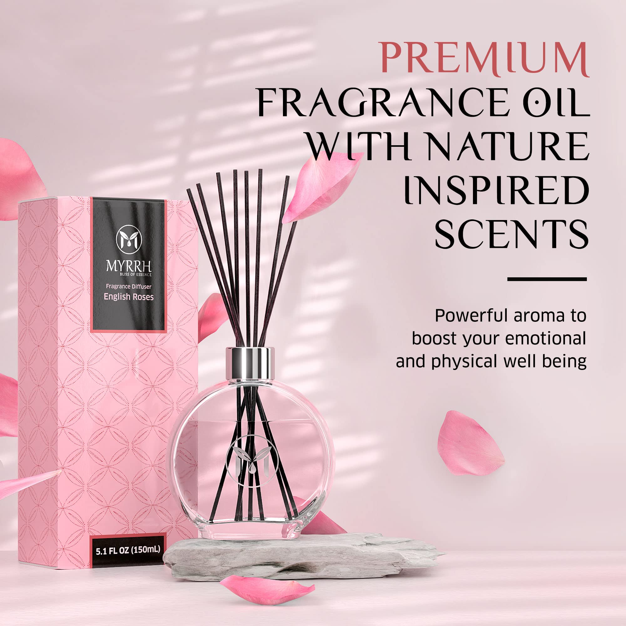 English Roses Scented Reed Diffuser Set with 8 Rattan Diffuser Sticks, 150 ml, All Natural Air Freshener, Long-Lasting Diffusers at Home - MyrrhUSA