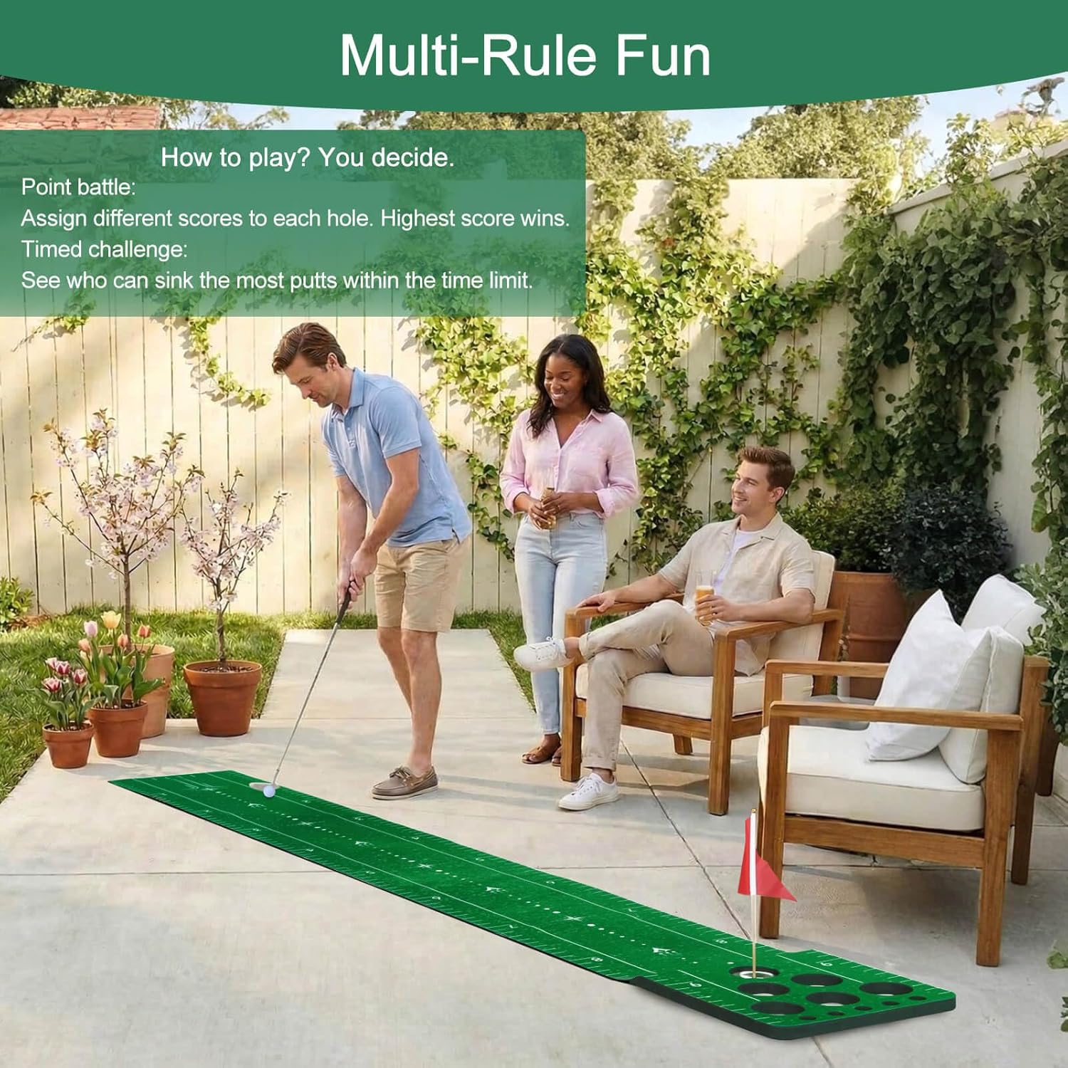 Chriiena Golf Putting Game Mat, Indoor Putting Green Set with 2 Balls, 1 Storage Bag, 1 Flag & Cup, Portable Pong Game Mat for Backyard Party Use