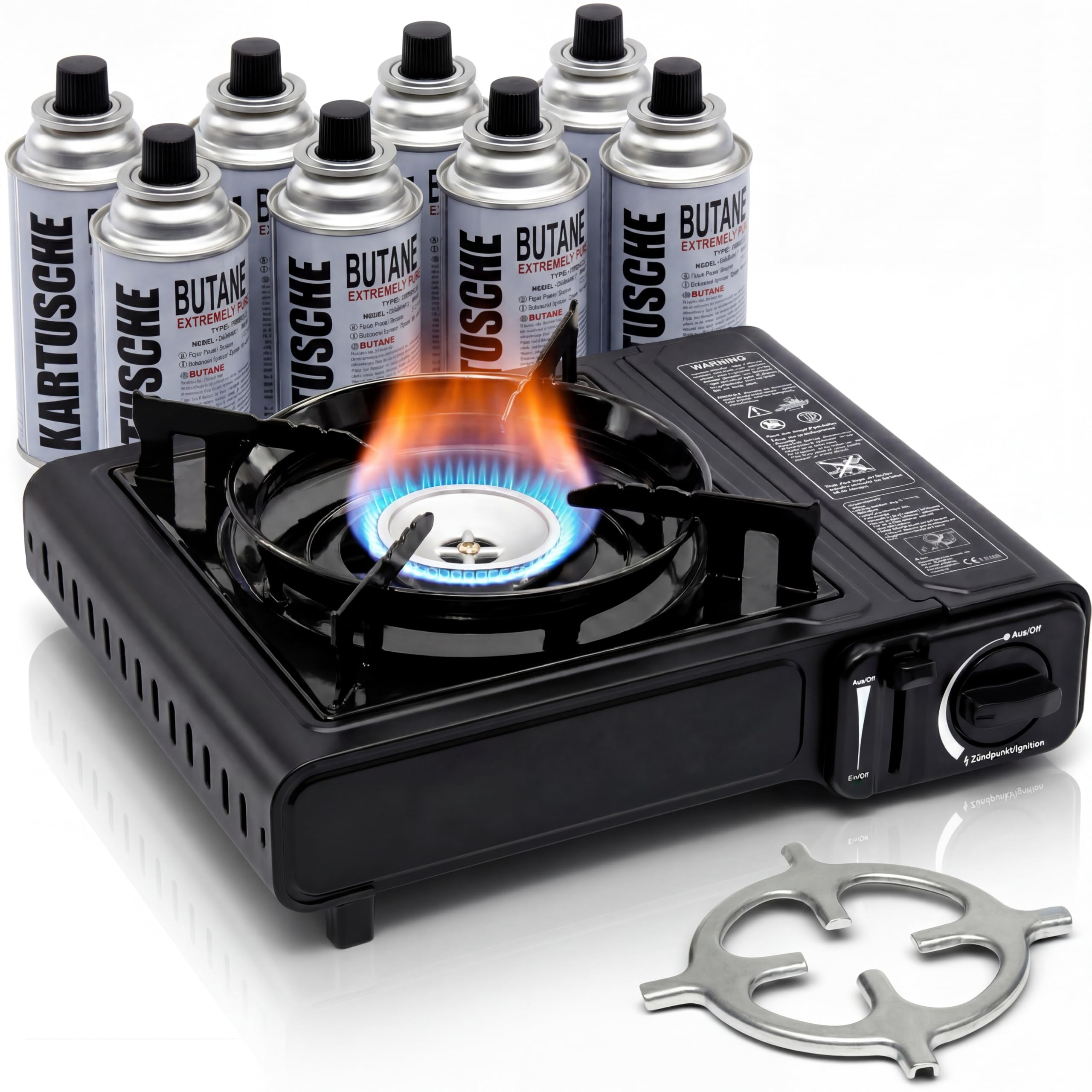 TruWare Camping Gaskocher für MSF-1A Kartuschen und Reduzierkreuz | 2,3 kW Leistung, CE geprüft, für Festival, Picknick oder Stromausfall