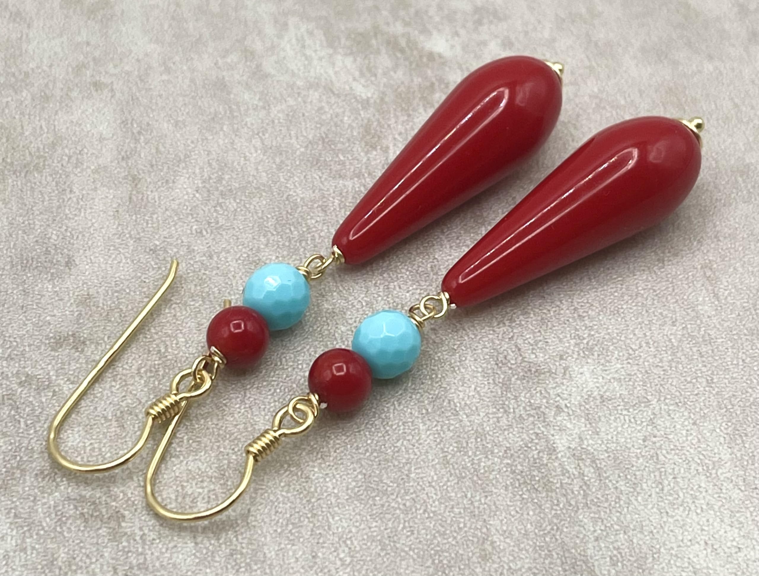 Orecchini con Gocce Rosse Corallo e Turchesi, Pendenti Lunghi, Vermeil Oro 24 K, Gioielli Artigianali, Bijoux Estate, Made in Italy