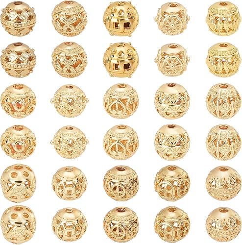 PH PandaHall Cuentas espaciadoras redondas huecas, 30 cuentas sueltas chapadas en oro de 18 quilates, estilo tibetano, 15 estilos de cuentas de