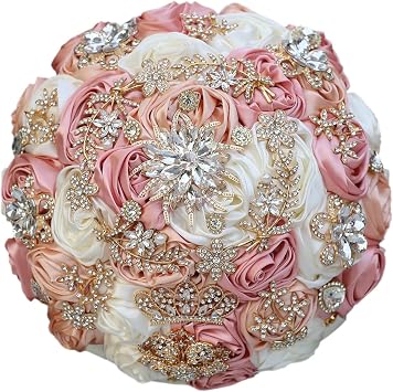 Round Bling Brooch Bouquet Bridal Wedding Bouquet, Throw Toss Bride Holding Flowers Bunch for Bride Bridesmaid Church Wedding Quinceanera Milk + Champagne,Dia. 8.26"/21cm