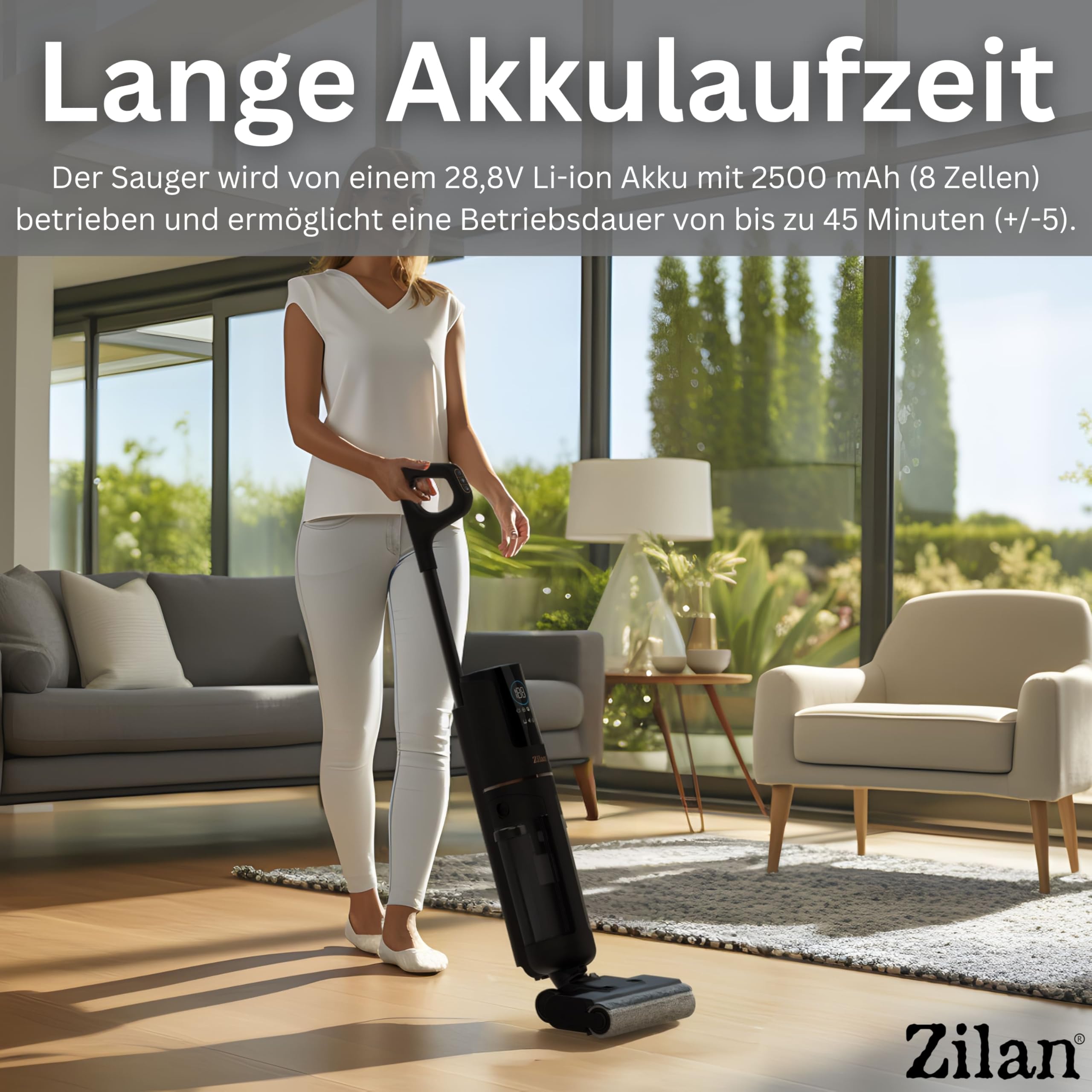Zilan Akku Nass-Trockensauger mit Wischfunktion – Kabelloser Wischsauger & Staubsauger, Nass-Trocken-Sauger 2-in-1 Saugwischer Akkusauger Bodenreiniger für Alle Hartboden, BLDC-Motor Selbstreinigung