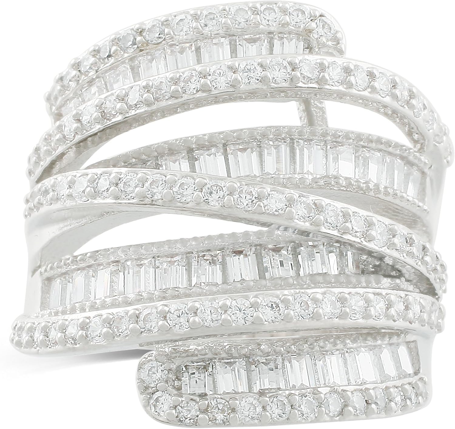 Rhodium Plated Baguette Cubic Zirconia Wide Band Cocktail Ring
