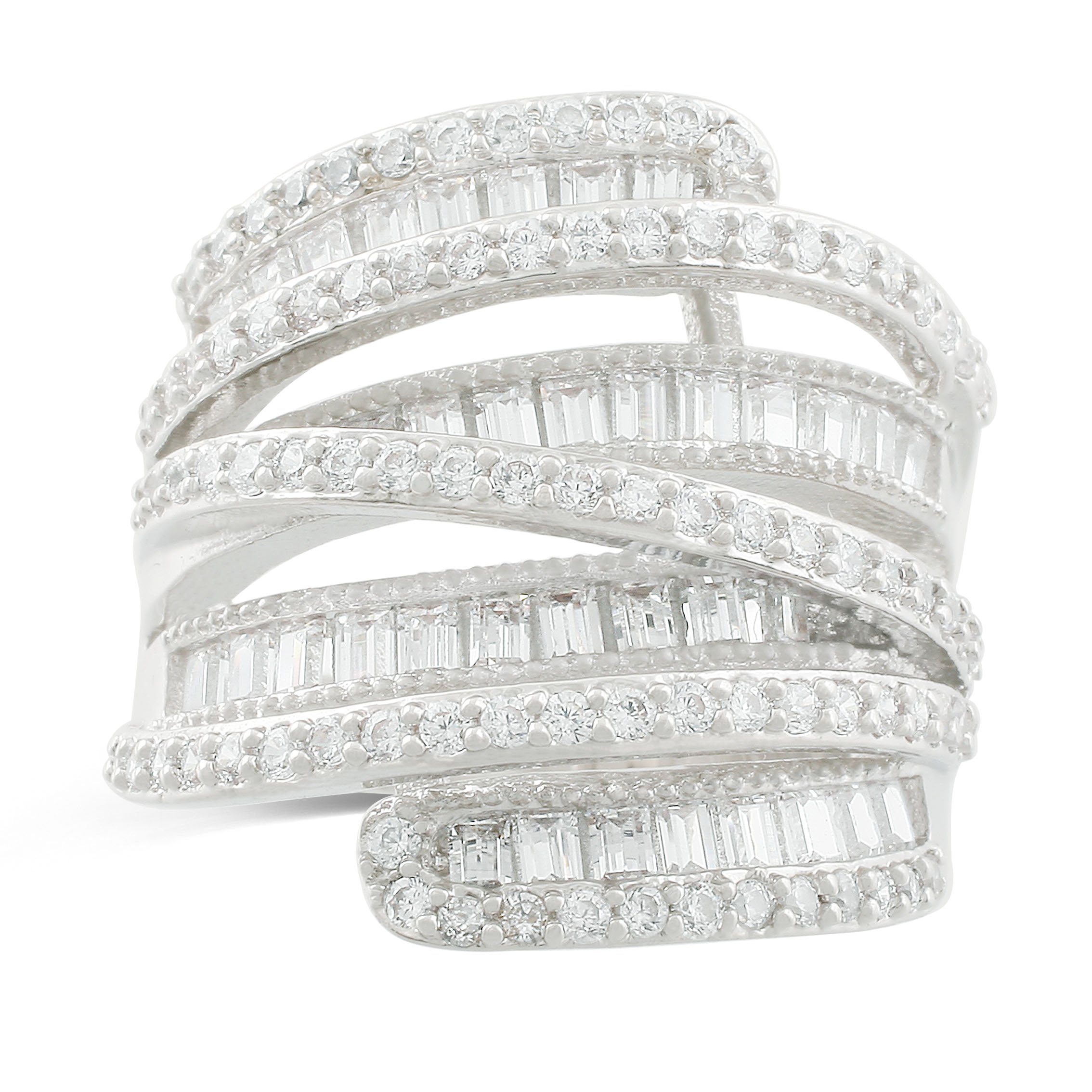 JanKuo Jewelry Rhodium Plated Baguette Cubic Zirconia Wide Band Cocktail Ring