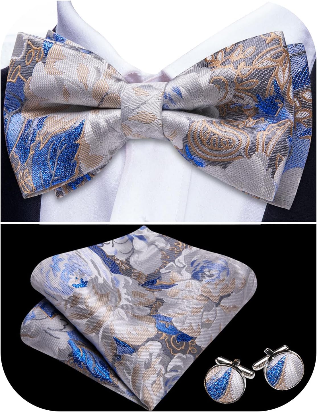 Barry.Wang Paisley Striped Bow Tie for Men Silk Pre-Tied Bowtie Pocket Square Cufflinks Set Formal Wedding Party Prom