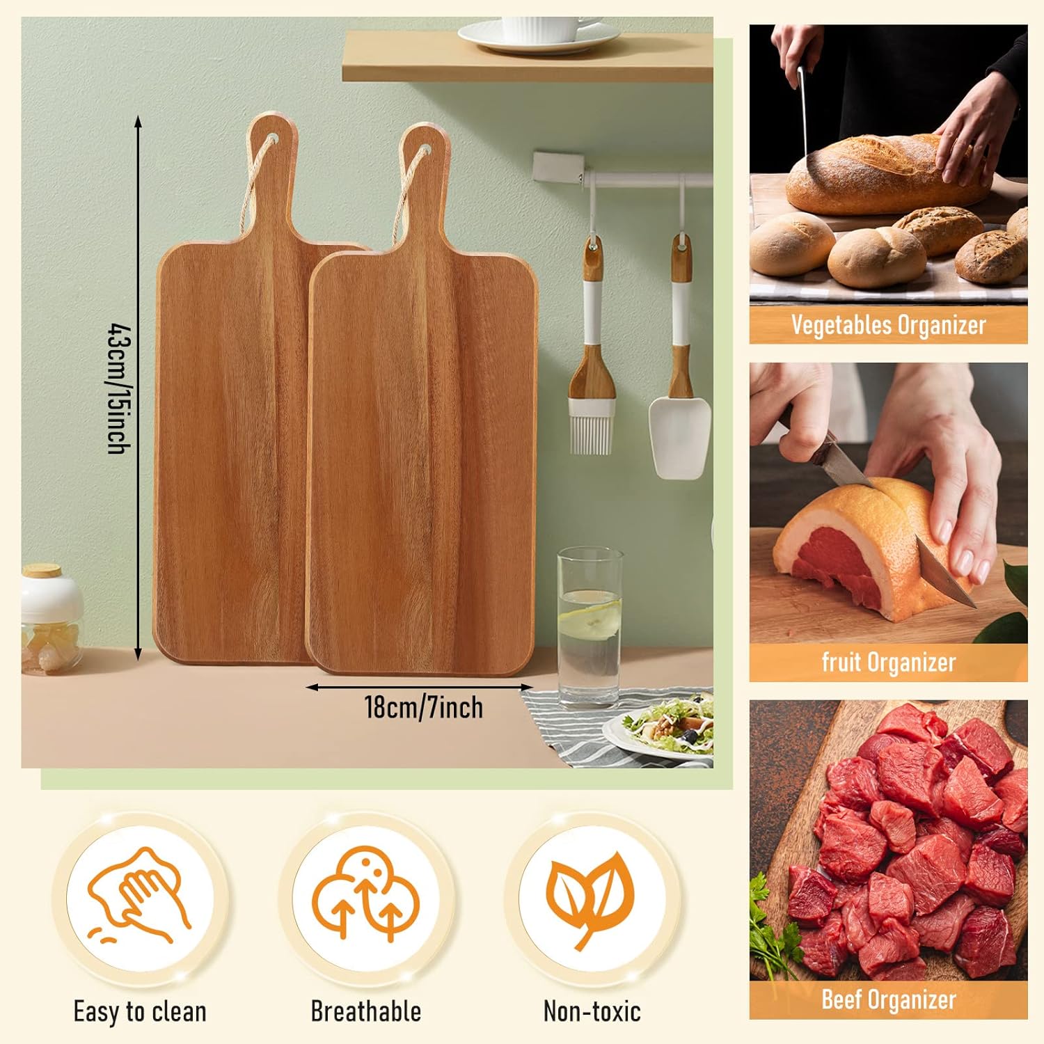 6 Pack Acacia Wood Cutting Board with Handle Wooden Kitchen Chopping Boards Large Wooden Charcuterie Boards Cheese Serving Board Wooden Cutting Board for Meat Cheese Bread Vegetables Fruit (17 x 7 In)