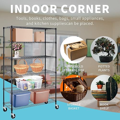 Miniatura 7 de Estantería de garaje, estantes de metal de 78 x 48 x 18 pulgadas, estantería de alambre de 6 niveles, ajustable, resistente, de acero, con ruedas