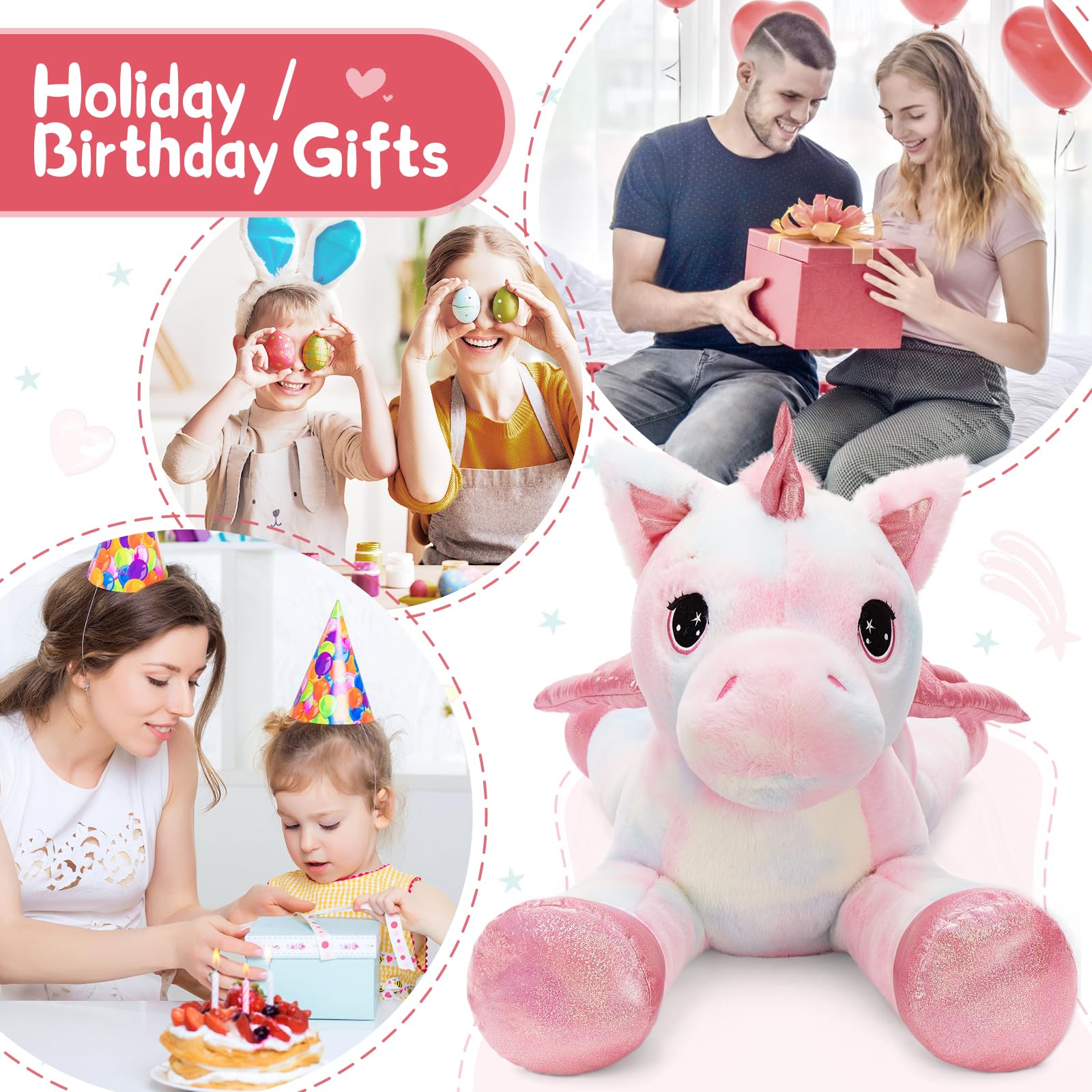 MorisMos XXL Unicorno Peluche Gigante, 110cm Tie-dye Rosa Unicorno Grande con Le Ali, Morbido di Peluche Regalo per Bambini Fidanzata Compleanno Natale