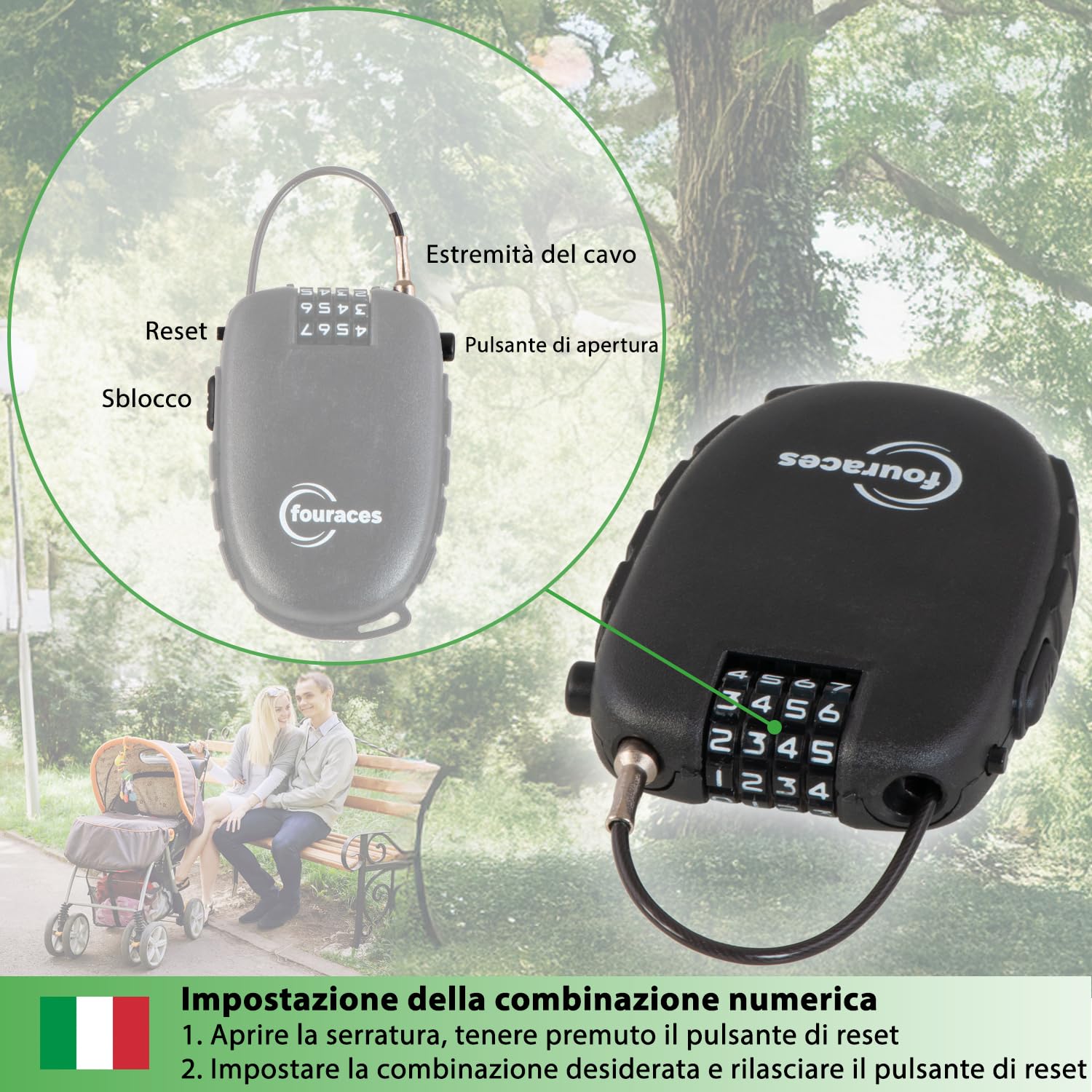 fouraces lucchetto con cavo retrattile 70 cm, lucchetti a combinazione a 4 cifre, antifurto per bicicletta, scooter, biciclette, sci, casco, moto