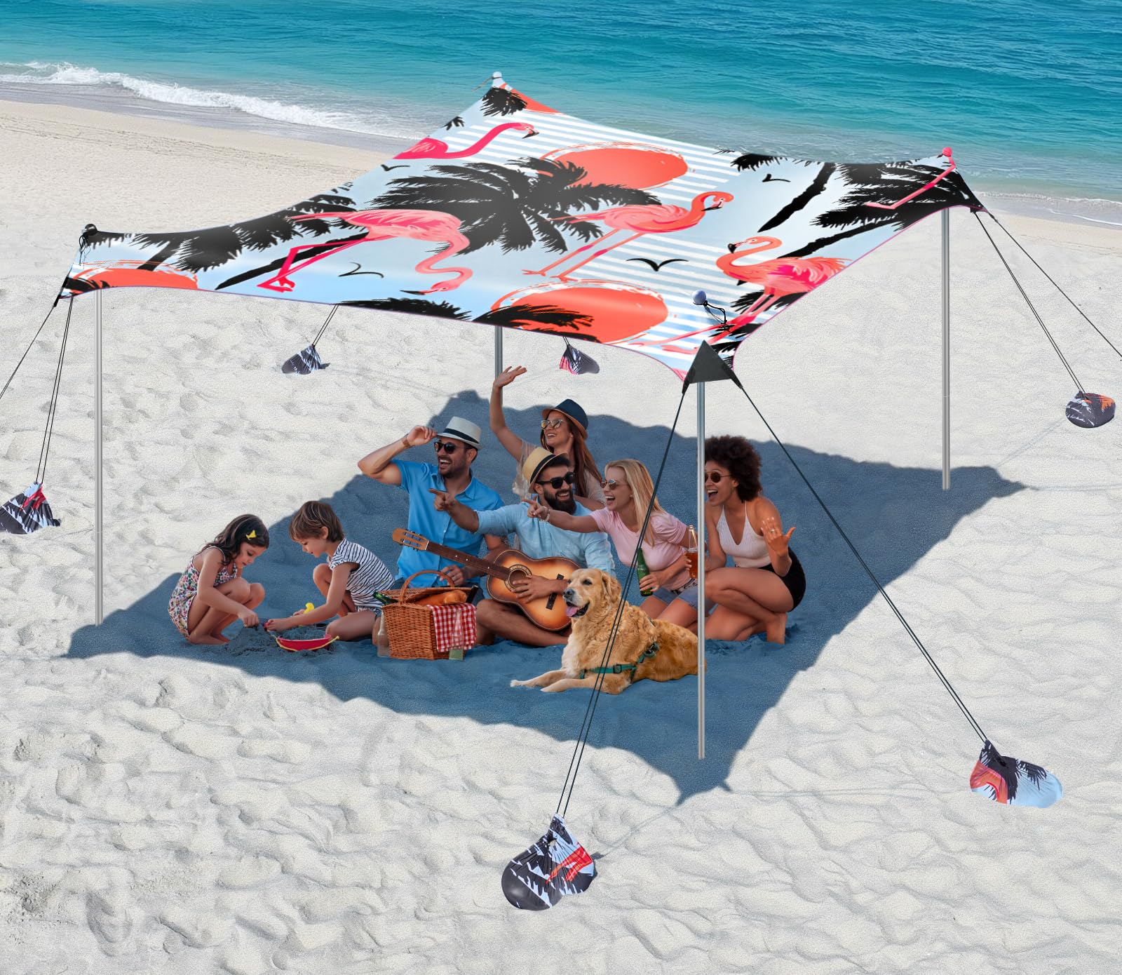 Rhino Valley 3x3m Tenda da Spiaggia Ultra Stabile Portatile, Protezione UV UPF50+ Tenda da Mare Super Antivento con 8 Ancoraggi a Sabbia Riempibili e 4 Aste in Alluminio