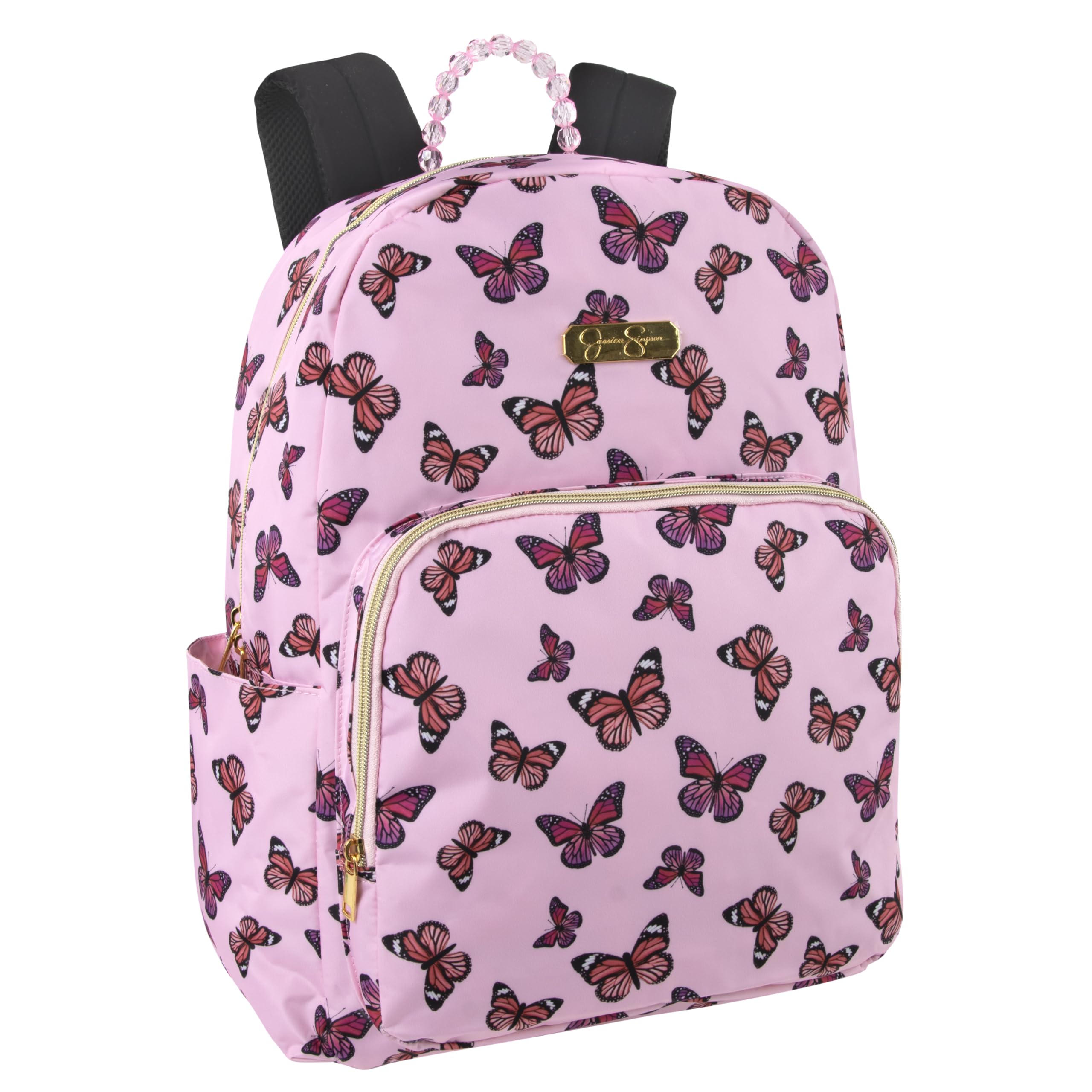 Jessica Simpson Women’s Designer Laptop Backpack with Side Pockets, Padded Straps | Classic Modern Backpack for Women (Beaded Pink Butterflies), Large